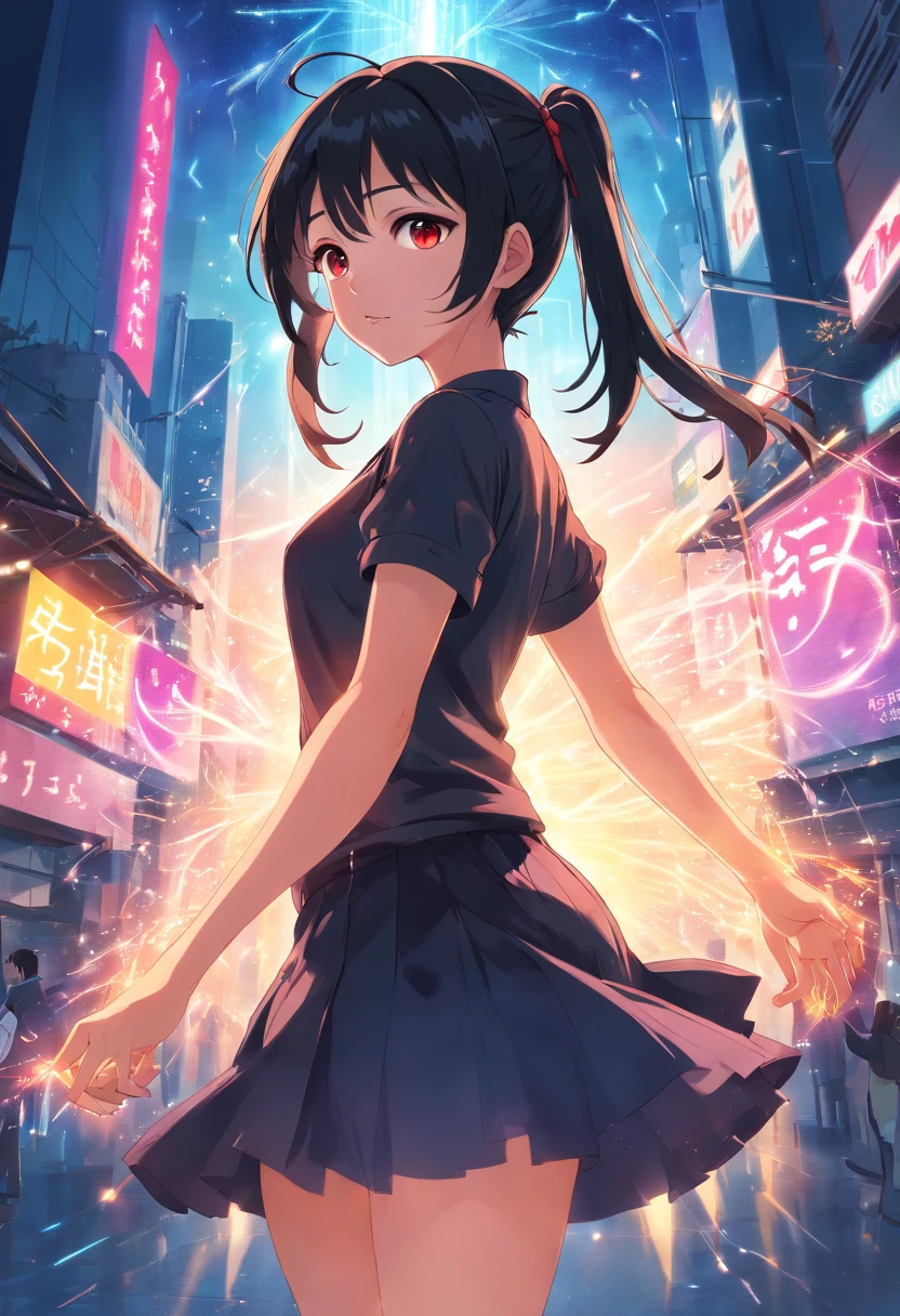 (masterpiece, best quality:1.3), (ultra-detailed:1.3), 1girl, solo, (black hair, messy hair, pigtails, long hair), large chest, big breasts, sexy, thick thighs, red eyes, (black dress, black short skirt), cowboy shot, cinematic lighting, (((glowing light particles))), (arms behind back), dynamic angle