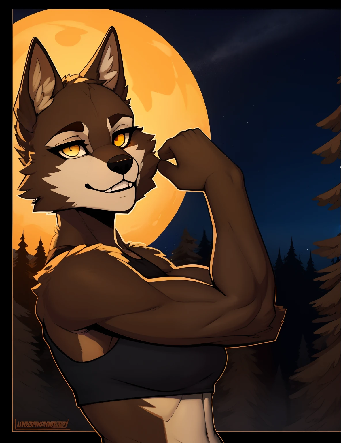 Broad_muscular_timberwolf slight_belly female brown_furry_body yellow_eyes thick_fur very_fluffy ripped_crop_top ripped_jean_shorts forest starry_sky dark_lighting solo Masterpiece best_quality absurdres highly_detailed cleanly_drawn_eyes anthro_only by_claweddrip, by_greasymojo, by_underscore-b, by_runawaystride