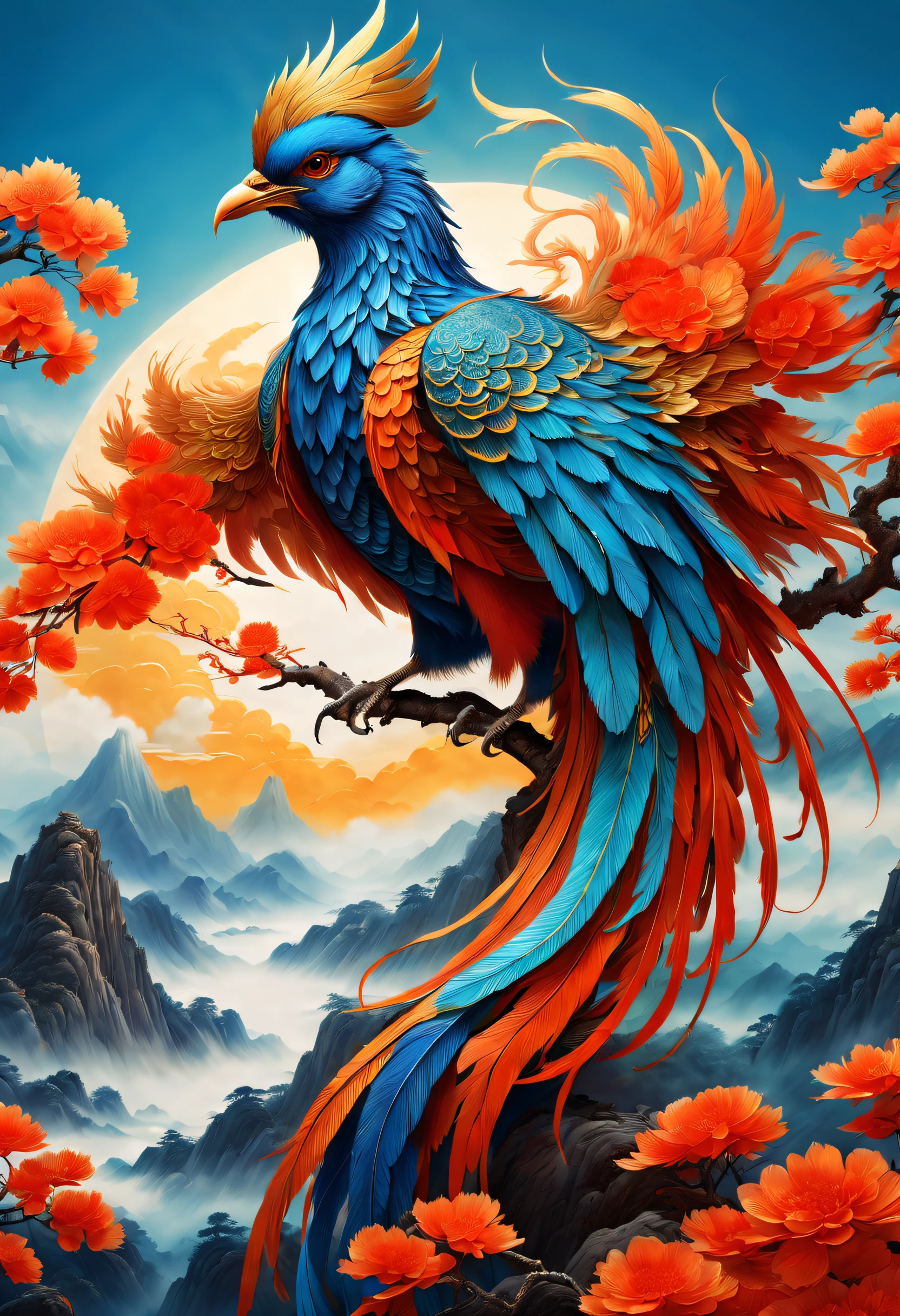 An ancient Chinese painting, Ancient Chinese background,1 Blue bird,Beautiful phoenix,In the sun,Golden-red sun,mountain ranges, rios,Auspicious clouds,The plumage is cyan,Shimmering with brilliant light。 tmasterpiece, super detailing, Epic composition, hyper HD, high qulity, extremely detaile, offcial art, 统一 8k 壁纸, super detailing, 32K