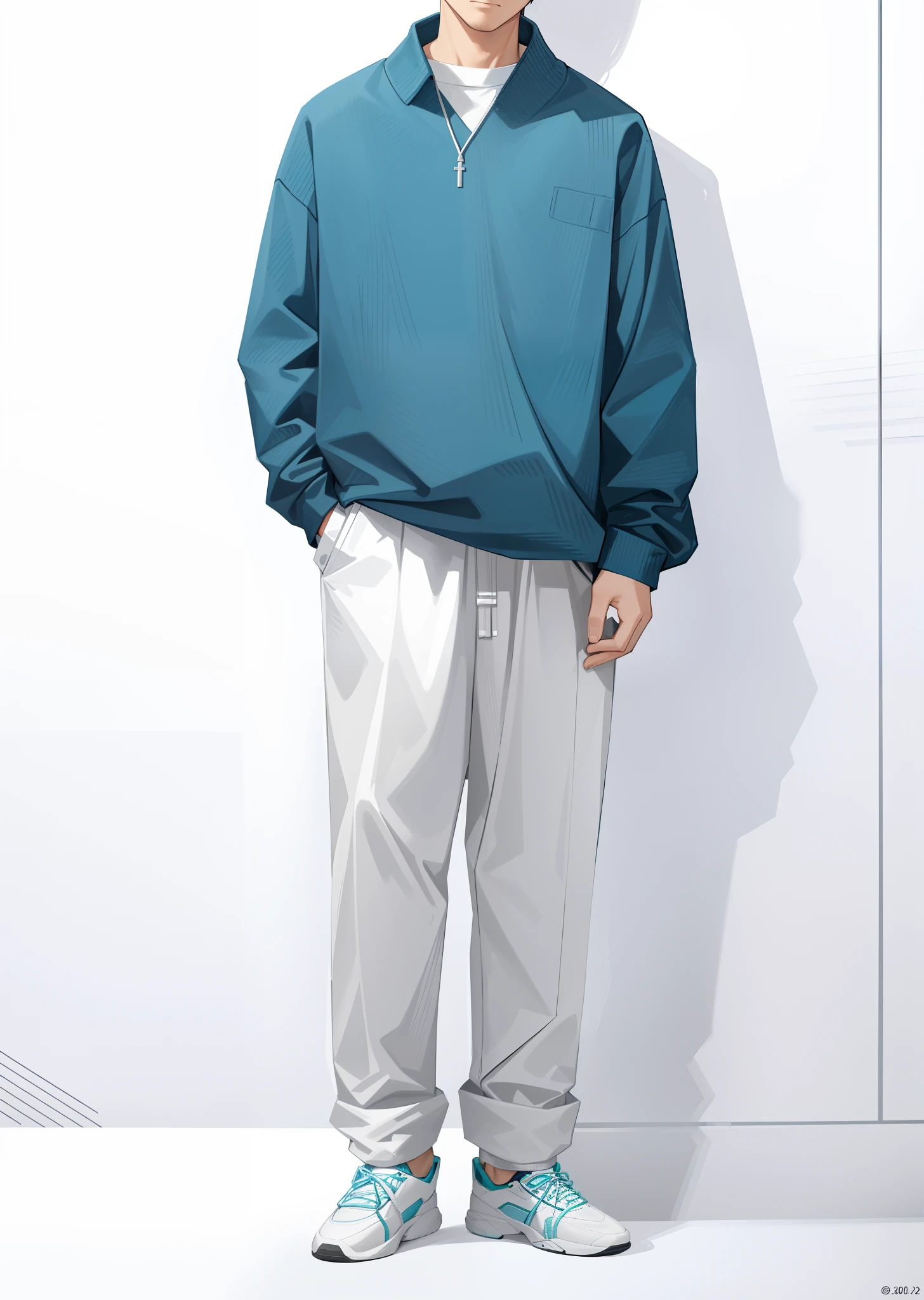 a man in a black sweater and beige pants stands in front of a white wall, with teal clothes, trending on r/streetwear, teal aesthetic, casual clothes, casual streetwear, casual clothing, modern casual clothing, wearing a baggy, casual modern clothing, simple clothes, soft cool tones, relaxed style, classic vibes, work clothes