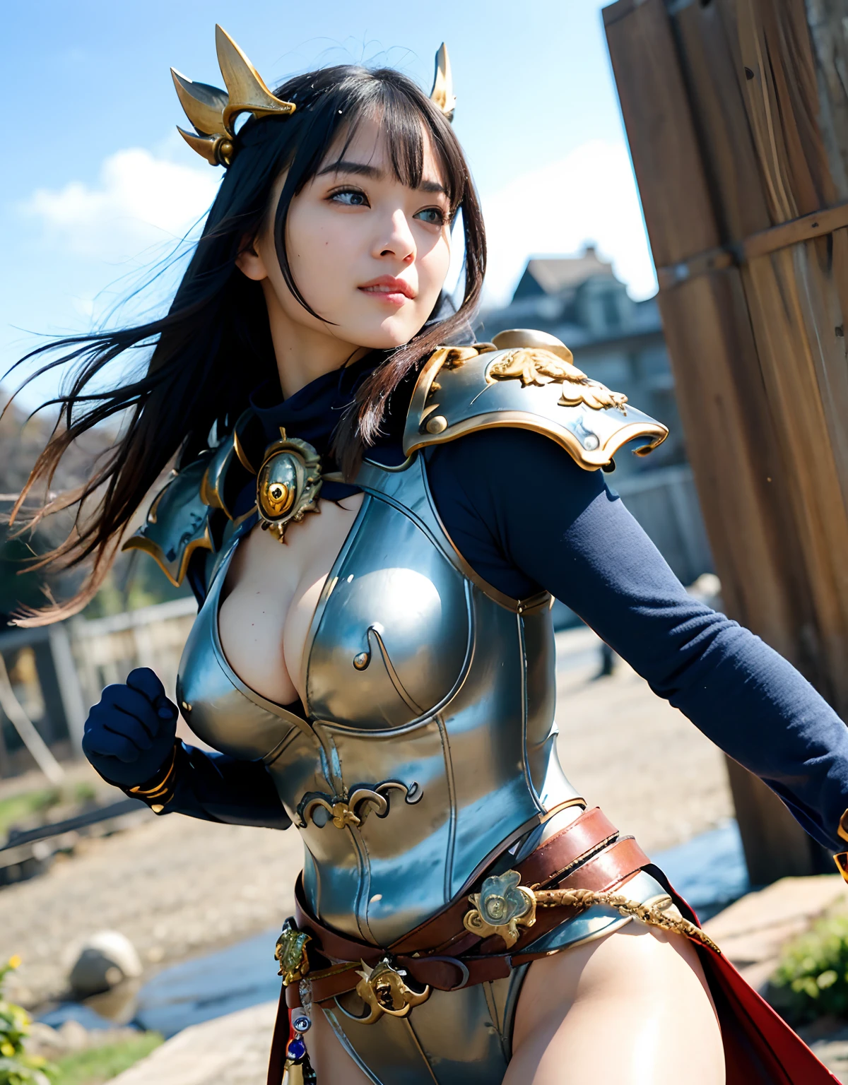 Professional , masterpiece、top-quality、photos realistic , 、top-quality、超A high resolution、(Photorealsitic:1.4)、Raw photo、depth of fields (Gemstone Gold Metal Body:1.9),(Matte White、Toostock、cleavage of the breast、(cleavage of the breast)、(Detailed Dragon Armor)、(Have the strongest weapon)、((Random Hairstyles 1.6),Dark Fantasy,)explosions、intense fighting、(Precipitous cliffs),Dragon Gold Weapon,Mystical expression、Particles of light、Fight dragons、(Detailed Dragon Helmet),Gorgeous Silver Weapons ,(( Dragon's dense and gorgeous sword)) , Beautiful knife ,warhammer 40k ,Detail and gorgeous crown、((Blue hair))、(Castle background)、、((Gangle's forest background))、Beautiful Caucasian beauty、1a person、dynamic ungle,((()))、Smaller head、A smile、Castle background、Thin and beautiful female hands、cleavage of the breast、Soldier in iron armor on background、Mystical expression、Light Effects、intense fighting、Wind-effect、magic circles、With the legendary magic wand、(demonic wings)、Toostock、