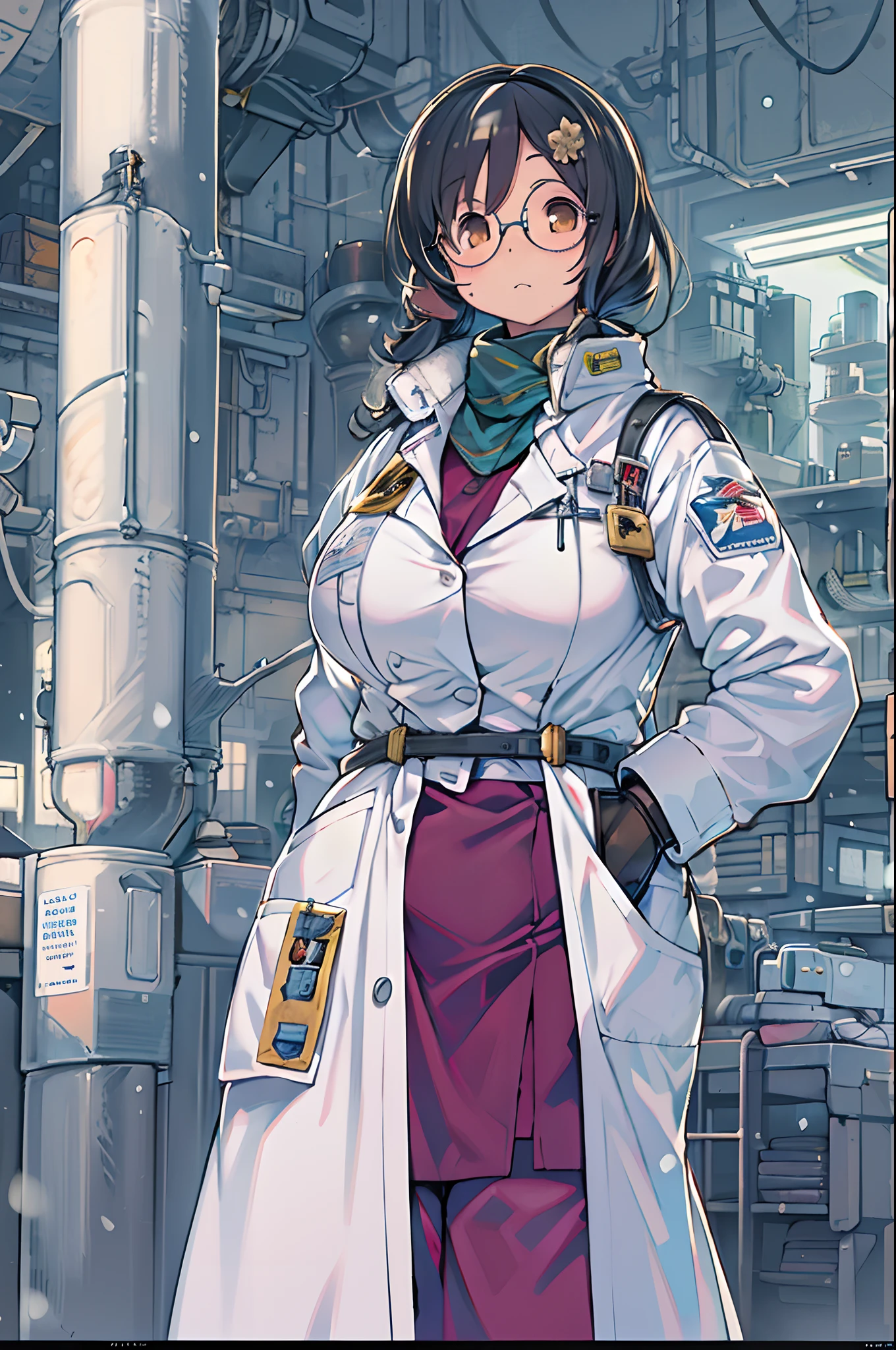 Science fiction,a science fiction film,cannons,Long-range missiles,Based on the Film Foundation ,Woman,,28 years old,Zito-order,Brown eyes,Long hairstyle,Unkempt hair、White-gray on black hair,Scientist uniform,White researcher coat,Open Meadow,Rebel,Chaotic,A futuristic world,Socialist world,Snow,lab room、stoop、big round glasses、with hands in pockets