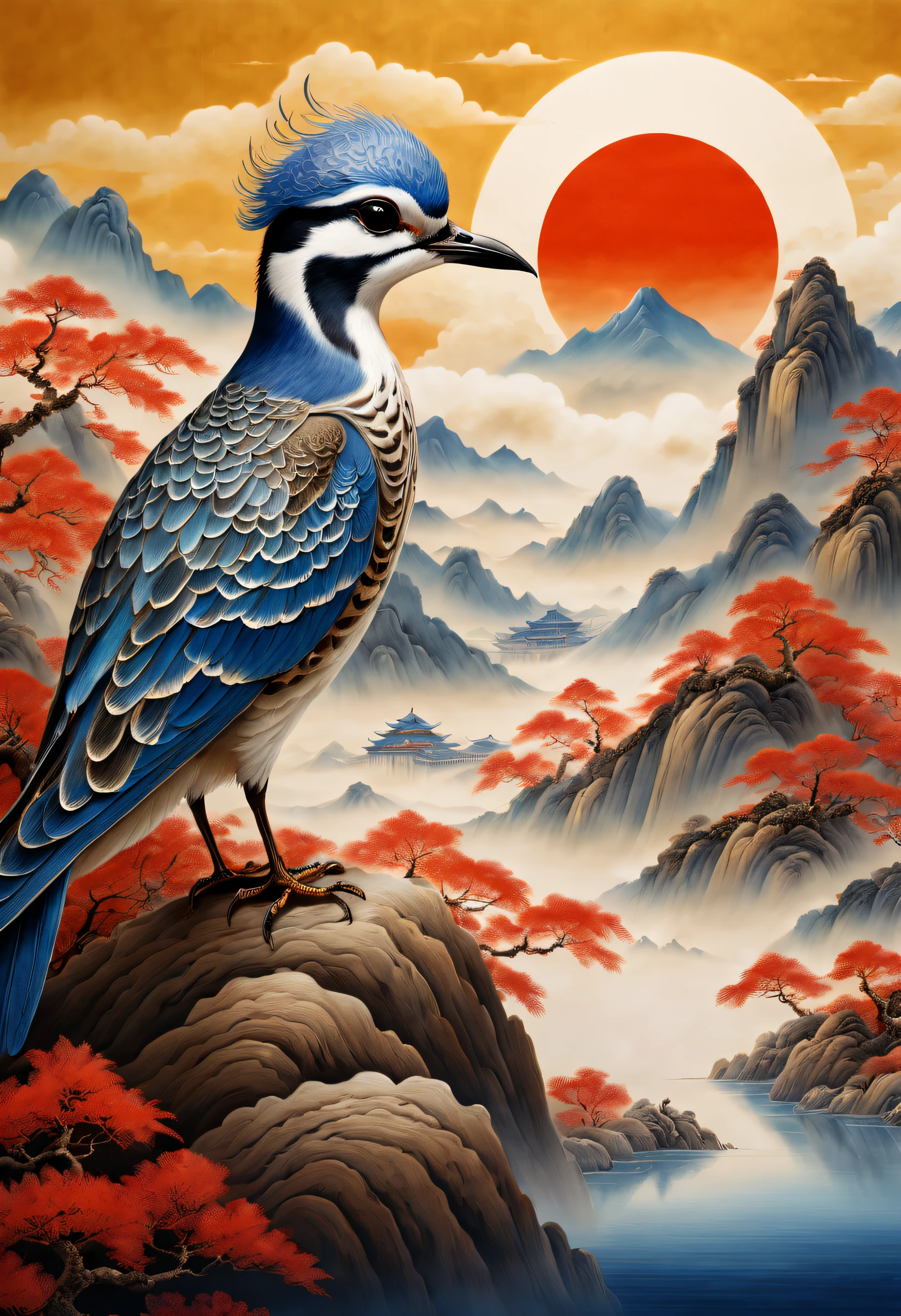 An ancient Chinese painting， Ancient Chinese background，1 Blue Plover，In the sun，Golden-red sun，mountain ranges， rios，Auspicious clouds， tmasterpiece， super detailing， Epic composition， hyper HD， high qulity， extremely detaile， offcial art， 统一 8k 壁纸， super detailing， 32K