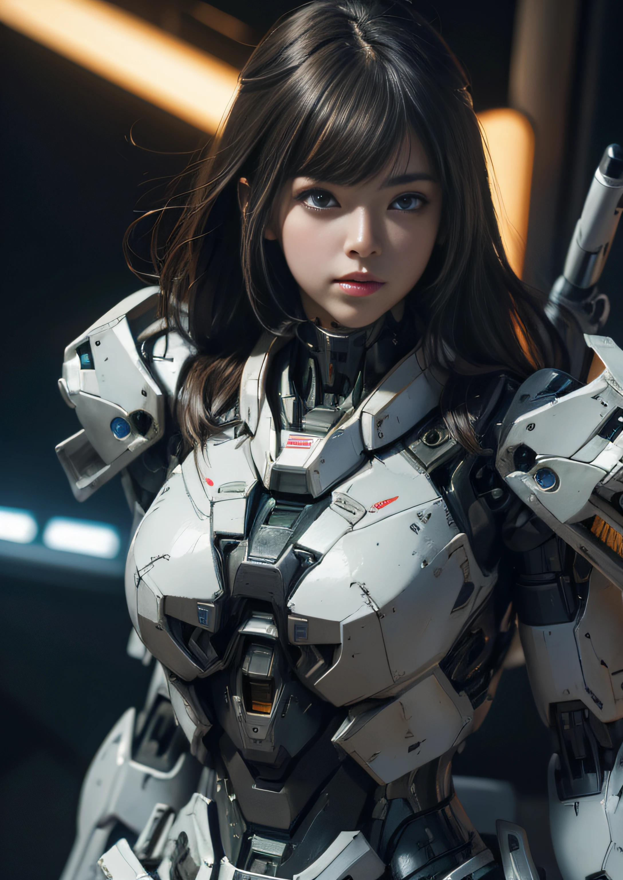 Masterpiece, best quality, ultra realistic, There are too many details., 8K resolution, raw photos, Sharp focus, (1 girl), alone, beautiful face, perfect body, mature woman, 25 yo, Portrait, Mecha, White Armor, Nano set, sexy, messy hair, cinema, cinema light, Dark theme