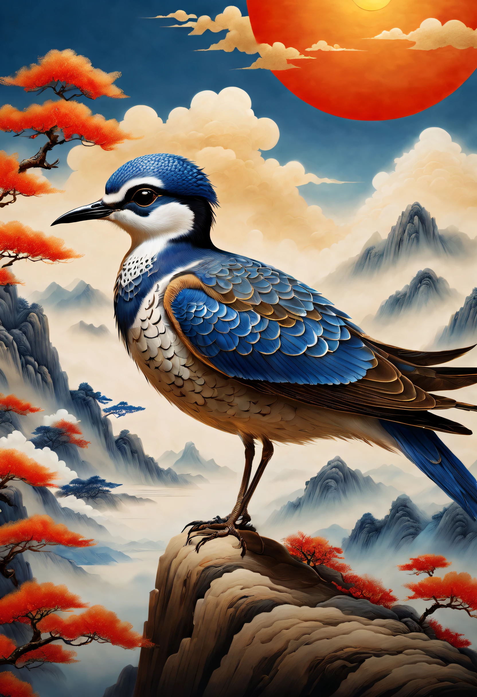 An ancient Chinese painting, Ancient Chinese background,1 Blue Plover,In the sun,Golden-red sun,mountain ranges, rios,Auspicious clouds, tmasterpiece, super detailing, Epic composition, hyper HD, high qulity, extremely detaile, offcial art, 统一 8k 壁纸, super detailing, 32K