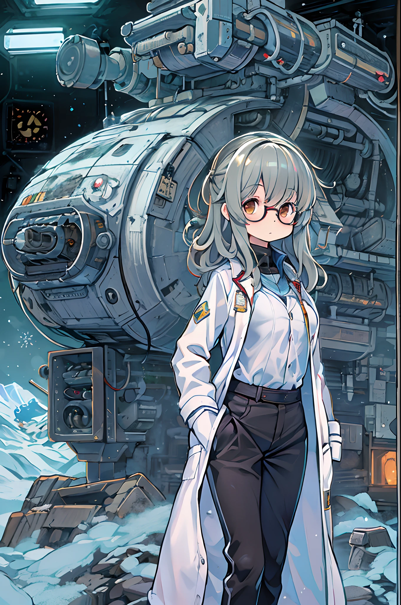 Science fiction,a science fiction film,cannons,Long-range missiles,Based on the Film Foundation ,Woman,,28 years old,Zito-order,Brown eyes,Long hairstyle,Unkempt hair、White-gray on black hair,Scientist uniform,White researcher coat,Open Meadow,Rebel,Chaotic,A futuristic world,Socialist world,Snow,lab room、stoop、big round glasses、with hands in pockets