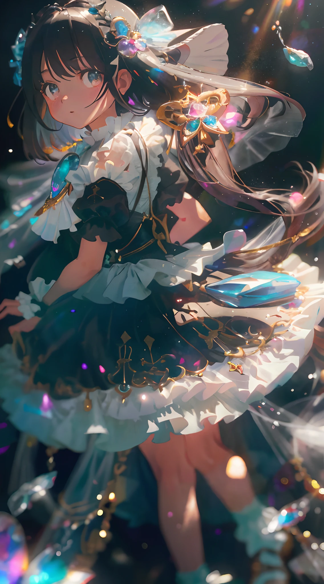 1girl, Detalle extremo, Lolita, Moda Lolita, Volantes, intrincado y hermoso, Guantes, Afternoon tea, Ponette tiene, cabello rizado, Botones, nata, De color, Tinte degradado, Caramelo, cristal brillante, brillante, light particles, dynamic pose, dramatic composition, Accesorios para el cabello de caramelo, faldas coloridas, perlas, flores, bordado, con incrustaciones de gemas, pecho plano, Falda de gasa con diamantes rotos, volador, jumping, velo, Blusa transparente, Guantes de encaje, Delicado retrato del rostro, cuerpo completo, cuerpo completo, Opal-like eyes