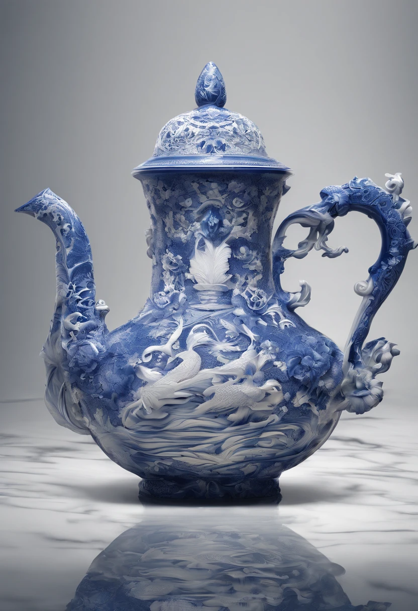 Blue and white porcelain,ceramics,teapot, anaglyph,artwork of a,Ornaments, high detail,3D, Chiaroscuro, Cinematic lighting, god light, Cinematic lighting, hyper HD, High details, Best quality, A high resolution, Textured skin