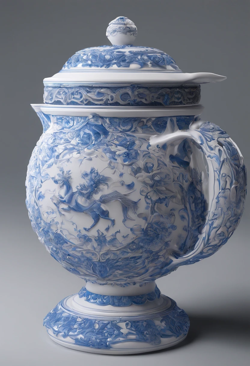 Blue and white porcelain,ceramics,teapot, anaglyph,artwork of a,Ornaments, high detail,3D, Chiaroscuro, Cinematic lighting, god light, Cinematic lighting, hyper HD, High details, Best quality, A high resolution, Textured skin