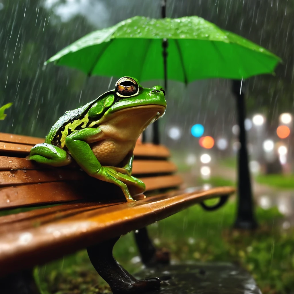 Frog sitting on park bench holding umbrella while it rains in the background