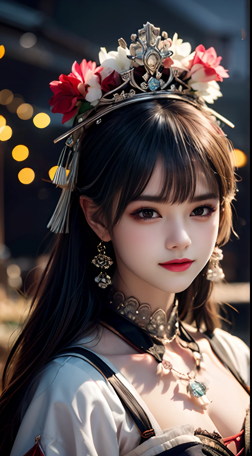 Top Quality, Masterpiece, Night, Full Moon, 1 Girl,(((Selena Gomez:Emma Watson:0.8))) Middle Aged Woman, Chinese Style, Ancient China, Sister, Imperial Sister, Smile, Dark Brown Hair, Dark Hair, Princess Cut, Light Pink Lips, Calm, Intelligence, Medium Hair, Green Eyes , hydrangea, fair face, face close-up, hand close-up, ripped lingerie pajamas, beautiful face, realistic, border lighting, two-tone lighting, (high) detailed skin:1.2), 8k uhd, dslr, soft lighting, high quality, volumetric lighting, Photography, High Resolution, 4k, 8k, Bokeh