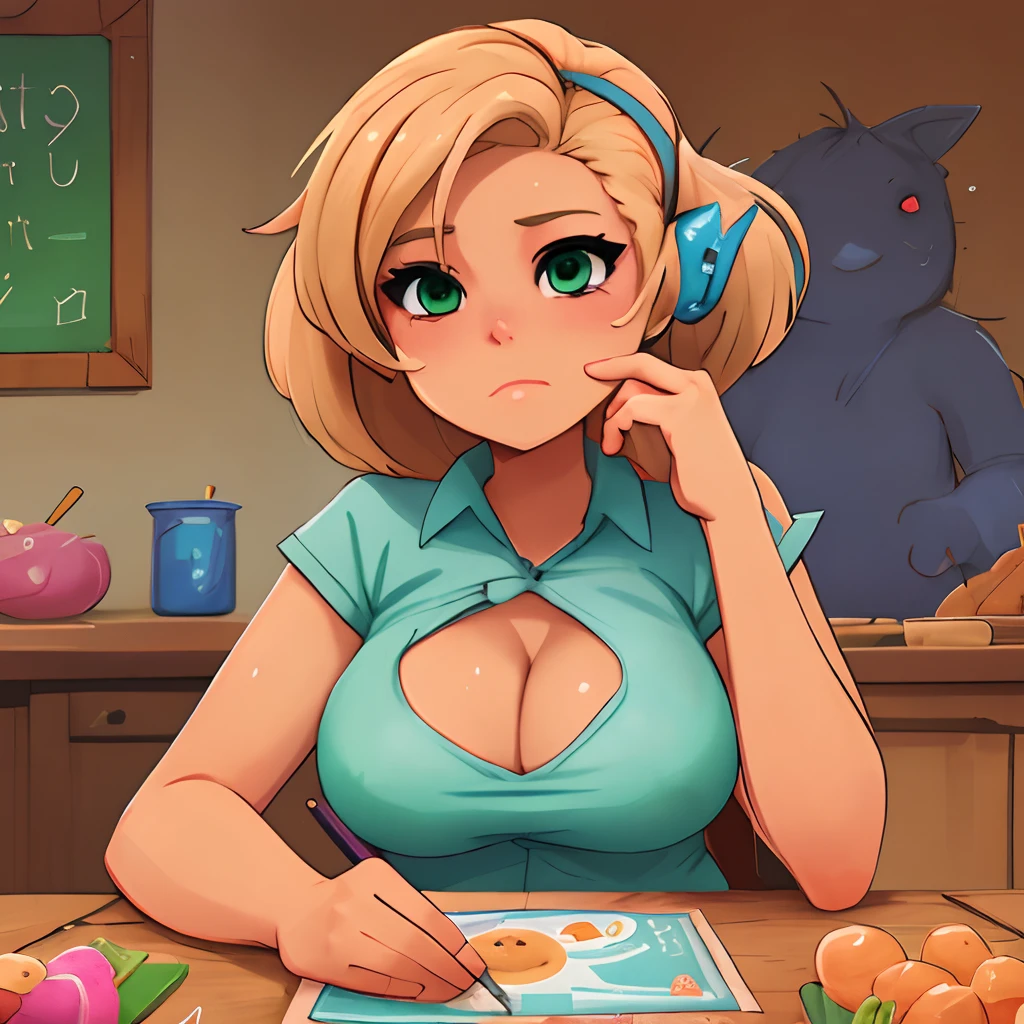 Robot Housewife, milf, blonde hair, ahoge, blue eyes, pink t-shirt, pink bandana, blue jeans, green/white plaid apron, mechanical hands, cooking
