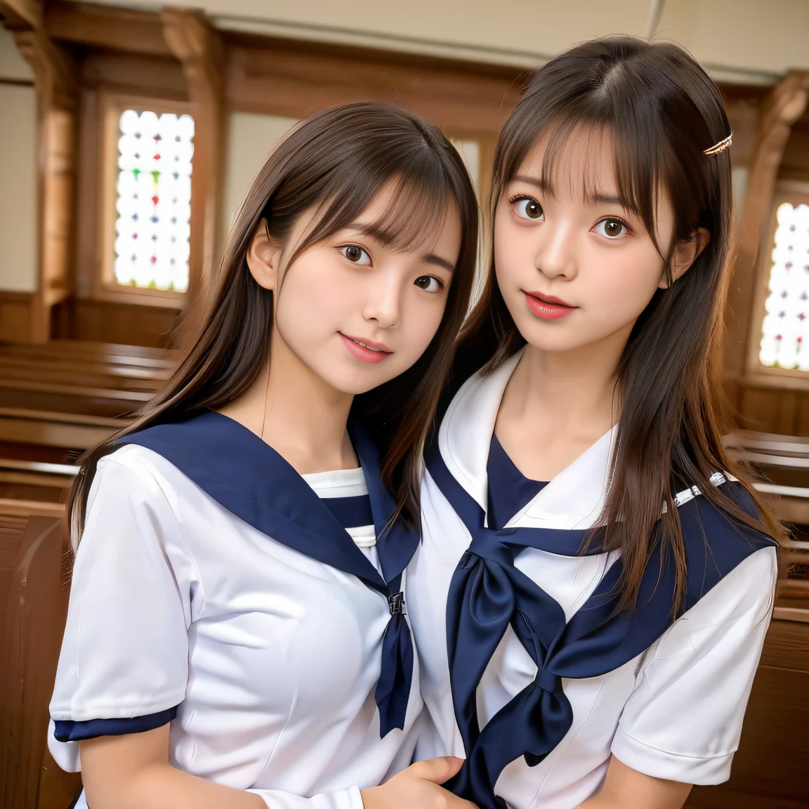 ((Two schoolgirls:1.5))、Beautiful 18 year old Japan woman, ((Two high school girls in short-sleeved white sailor suits: 1.5)), (Japan strict girls' school sailor uniform:1.5), ( Two schoolgirls sitting in a church pews:1.2), ((Beautiful and elaborate stained glass on the background: 1.5)), ((1screen)), 8K, RAW shot, top quality photo, ​masterpiece, Amazing realism photos, ((Anatomically correct proportions: 1.5)), ((perfectly proportions)), Cute woman like an idol in Japan, Detailed face, Detailed eyes, Narrow Nose, Detailed hands and fingers , detailed arms, Detailed skin, Detailed legs, short torso, Slender body, (shiny long hair: 1.5), ((Big breasts that seem to break through the uniform: 1.5)), (Body Fit Sailor Suit:1.5)、((High school girls staring at each other:1.5))、((Schoolgirl with long and short hair:1.5))、((Hugging and kissing:1.2))