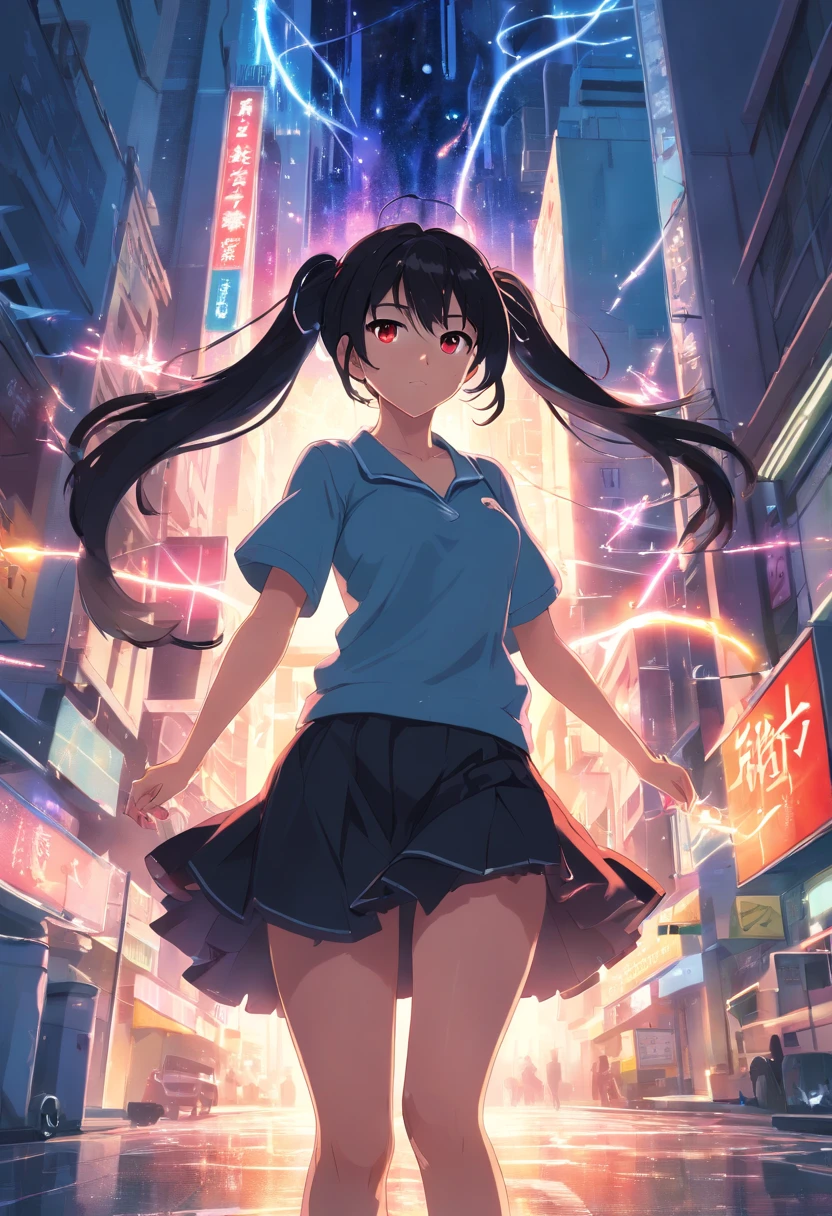 (masterpiece, best quality:1.3), (ultra-detailed:1.3), 1girl, solo, (black hair, messy hair, pigtails, long hair), large chest, huge boobs, sexy, thick thighs, red eyes, (black dress, black short skirt), cowboy shot, cinematic lighting, (((glowing light particles))), (arms behind back), dynamic angle