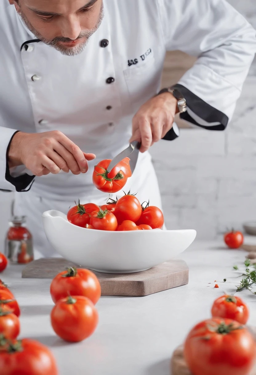 ¡Of course! Here's a prompt to generate the image:
"It generates a very high photographic quality image of an expert chef cutting ripe tomatoes into small cubes, sin piel ni semillas visibles. El chef debe estar utilizando un cuchillo afilado y preciso, mostrando habilidad y destreza en cada corte. The image should capture the exact moment when the chef is making a perfect cut, con los tomates en el aire, mostrando su color vibrante y su textura jugosa. El fondo de la imagen debe ser una cocina profesional impecablemente limpia y ordenada, with high-quality cookware and bright lighting that brings out the details of the tomatoes and the chef. The final image should convey the passion and culinary artistry that goes into preparing high-quality food."
