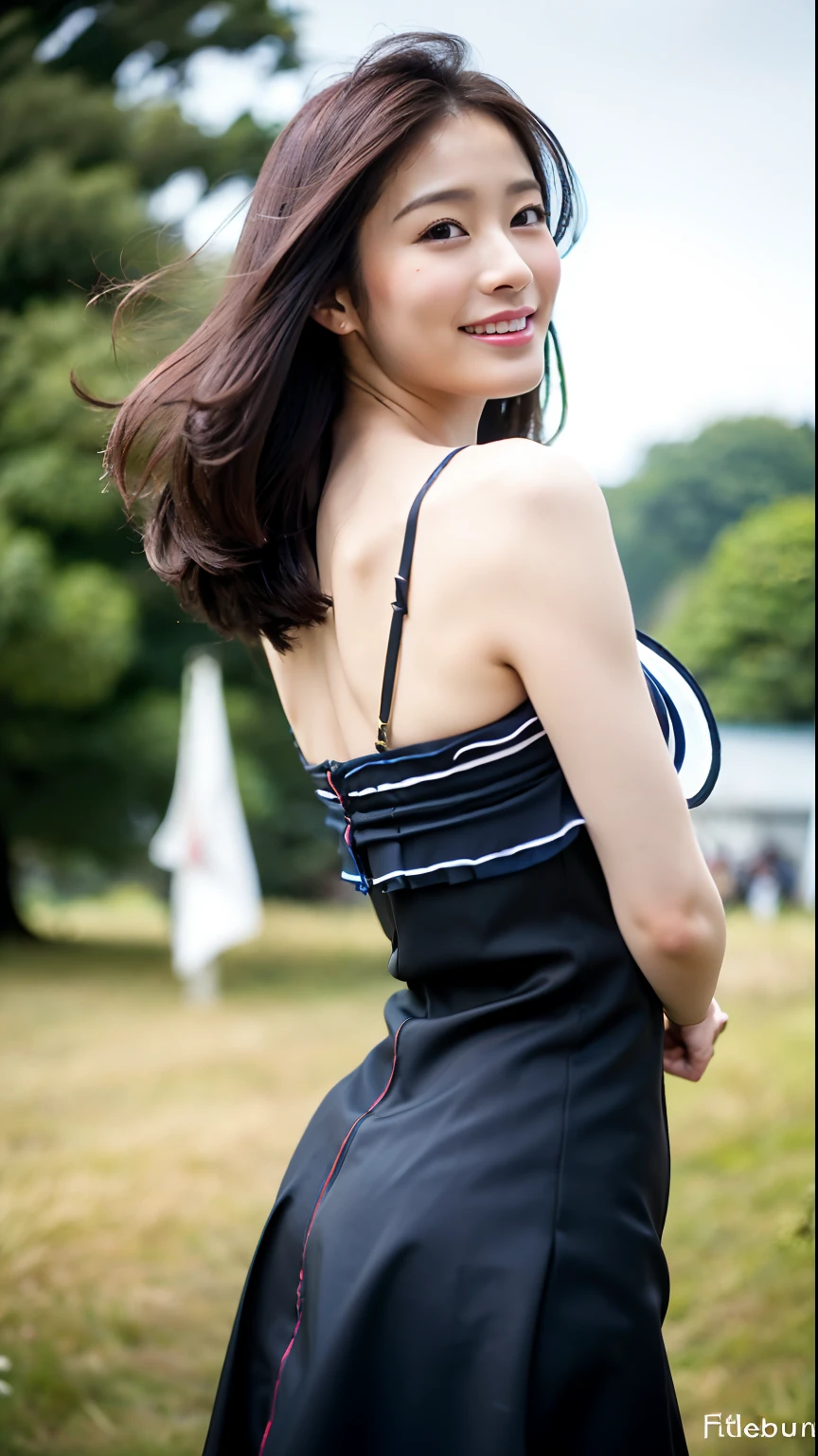(top-quality、8K、32K、masterpiece、nffsw:1.2)、Photos of pretty Japan women、Medium Hair、(full of shyness:1.2)、(A smile:0.9)、(looking at away:1.2)、(beautiful detailed dress、flered skirt:1.3)、(panties on:0.7)、(wind lift:1.7)、full body Esbian、the wind、Large crowds、is standing、(blurry backround:1.5)、(the wind:1.2)