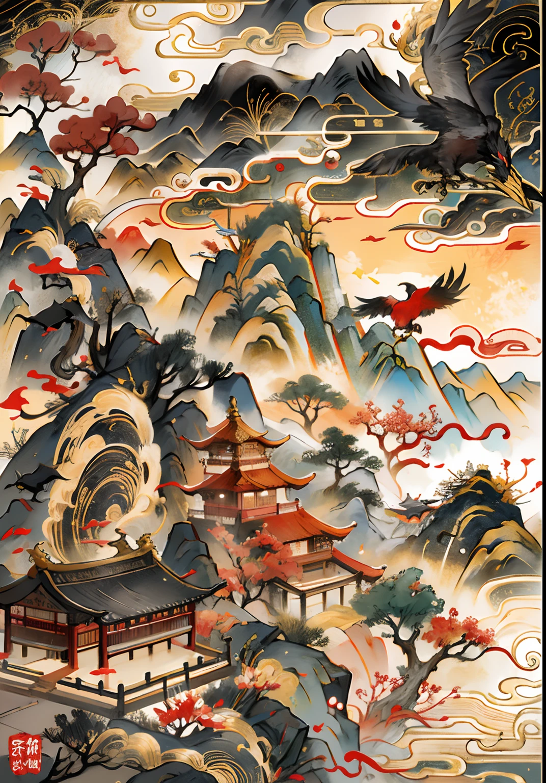 An ancient Chinese painting, Ancient Chinese background,1 Raven in the sun,Golden-red sun,mountain ranges, rios,Auspicious clouds, tmasterpiece, super detailing, Epic composition, hyper HD, high qulity, extremely detaile, offcial art, 统一 8k 壁纸, super detailing, 32K