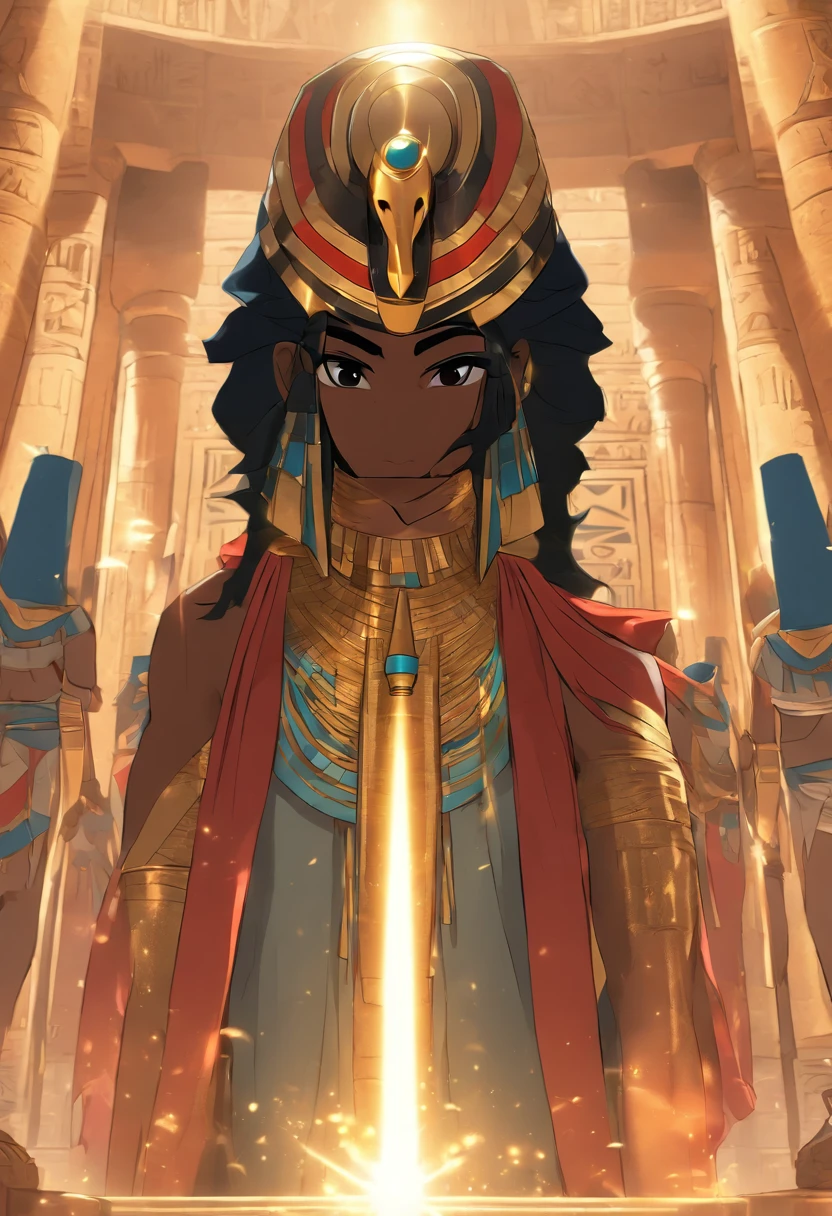 (((Egyptian man))) best quality, very high resolution, detailed CG in 4K, masterpiece, Egyptian mythology, Shu, man, black hair, feathers, sun in the background, Ancient Egypt, standing pose, blue clothes, Egyptian clothing,Egyptian pyramid, desert, Ancient Egypt, ((standing pose)), Egyptian palace, aesthetics, beautiful image, centered on screen, full body