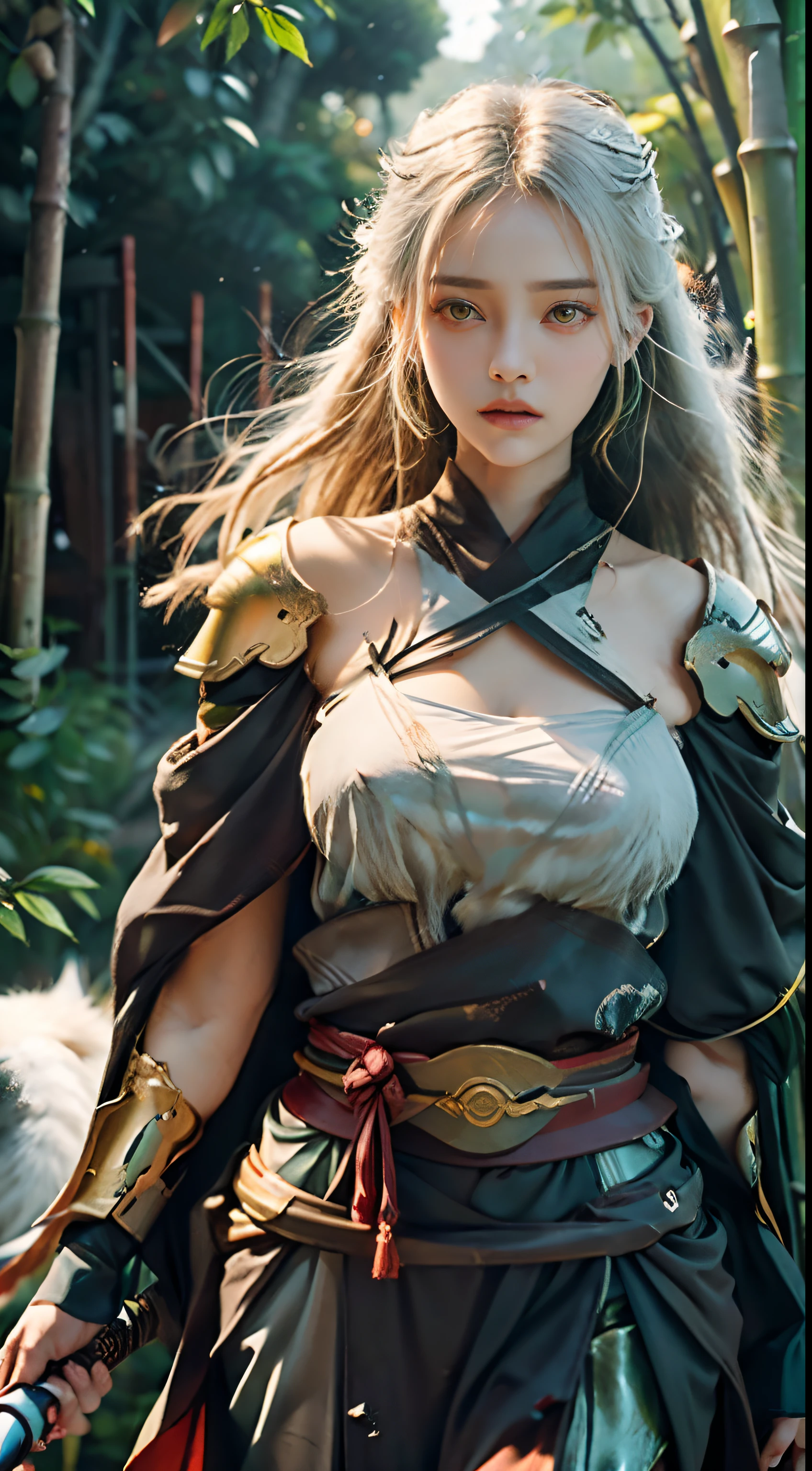 a beautiful detailed girl, Clear and beautiful, focus on the character, Radiant skin, femele, 20yr old, ((Long green hair:2)),Beautiful green glass hair, ((wielding lightsaber:2)), ((Japan shrine attire, Metal armor,2 clothing colors, White background, Orange pattern)) ,((autumnal,Green bamboo forest)), (((Next to the woman is a huge white wolf:2))) ,Beautiful details, Cold face, Cold expression, Big breasts beautiful meticulous eyes, mature skin, Very good 8KCG wallpaper, offcial art, ultra - detailed, Beauty and aesthetics, big breasts beautiful, tmasterpiece, Best quality at best, (Zen entanglement, Tangled)(Falling flowers:1.2), 详细的脸,Stoic expression,dynamicposes,green flowing hair,Classical era,("Ancient Rome" Theme:1.1),Roman mythology,Roman, Capua, Old vineyard, oracle, cloaks, Iron fittings, ancient themes, (Prosperous Civilization:1.1), Original white marble, (Intact:1.1) Marble building, hills in the background, braziers, Burning embers, the night, darkly, As estrelas, Halo, Majestic atmosphere, Floating stone particles, sportrait, The wind rotates