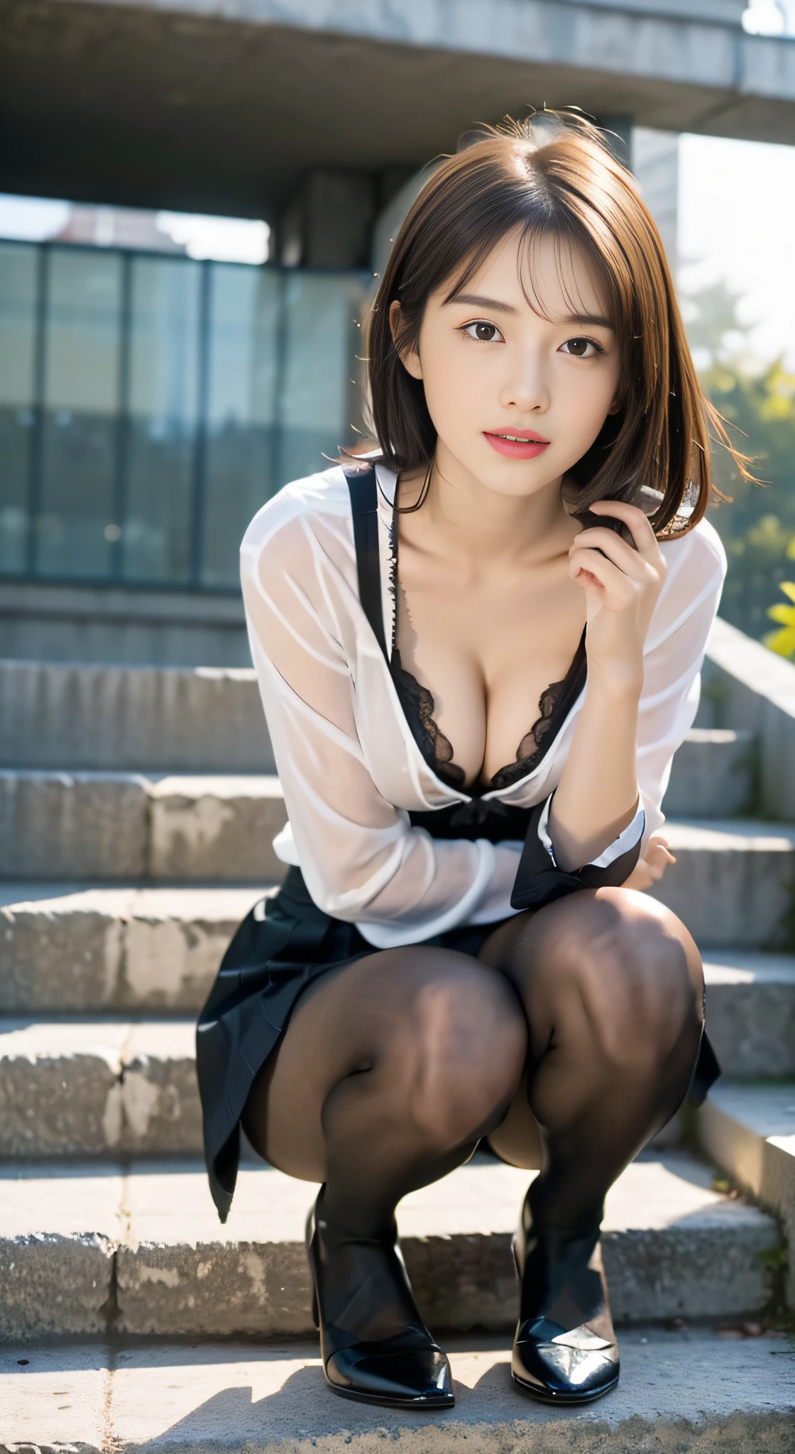 (((32k,high detal,high-detail、masterpiece,Attention to detail,full body Esbian,独奏))),Raw photo & realistic atmosphere,beautiful dark blue eyes,Detailed mouth,Glossy lips,Detailed eyebrows,Eyes drawn in detail with soft white skin that shines in every detail、azure eyes,Very beautiful eyes,Detailed lips、Very beautiful face,Very well-formed face、Lifelike face,shiny beautiful lips, Realistic Young Gravure Idol, very beautiful school girl, ,Moderately beautiful, Young Sensual Gravure Idol, Young Gravure Idol, Beautiful, Cute and sexy15 old schoolgirl,the whole body is wet,dripped out,with a flushed face,Incredibly beautiful15-year girlort-cut,Brown shiny hair,Hair is wet,Dripping water,dripping,Crouching on the stairs with your legs open,(Black pantyhose,Beautiful fece,Looking at the camera:1.4),(Cross your legs in black pantyhose,The chest of the uniform is open,darkness,Very dark,Pitch-black staircase without street lights,Illuminate the subject with a flashlight,spot light:1.7),(A sexy,Slightly chubby,High Detail Hi-Vision Hi-Vision Japan Hi-Vision Girl Uniform,well-shaped breasts,,Mature body, I'm anxious and about to cry,Moist eyes,cold smile,glareing,The glaring face is also beautiful:1.5),(Open your legs randomly:1.7)