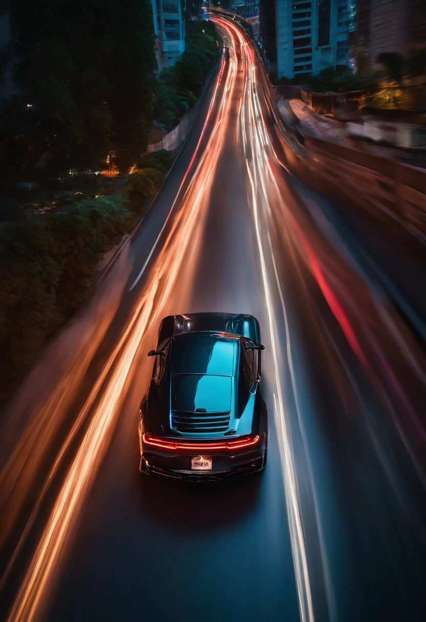 A thrilling cinematic image of a car chase in a neon-lit city, with a sports car speeding through the winding streets, a sense of motion and adrenaline, Cinematic Photography, high-speed shutter with a wide-angle lens, vibrant and saturated colors, --ar 16:9 --v 5 no people inside the image