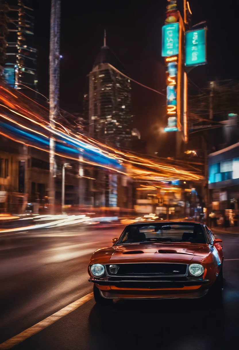 A thrilling cinematic image of a car chase in a neon-lit city, with a sports car speeding through the winding streets, a sense of motion and adrenaline, Cinematic Photography, high-speed shutter with a wide-angle lens, vibrant and saturated colors, --ar 16:9 --v 5 no people inside the image