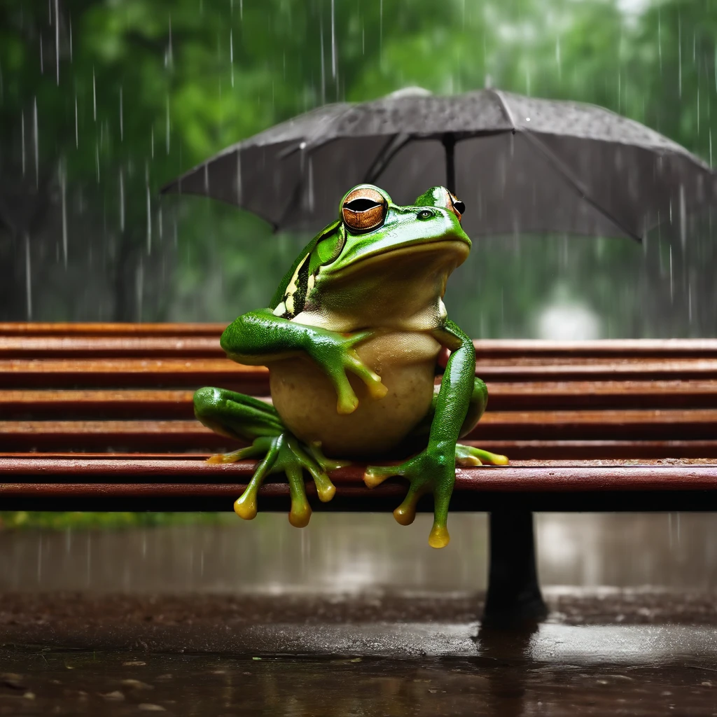 Frog sitting on park bench holding umbrella while it rains in the background, humanoid, ultra realistic, f5.6