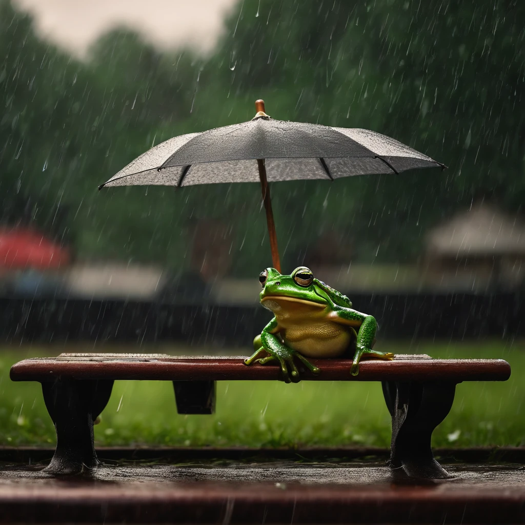 Frog sitting on park bench holding umbrella while it rains in the background, humanoid, ultra realistic, f5.6