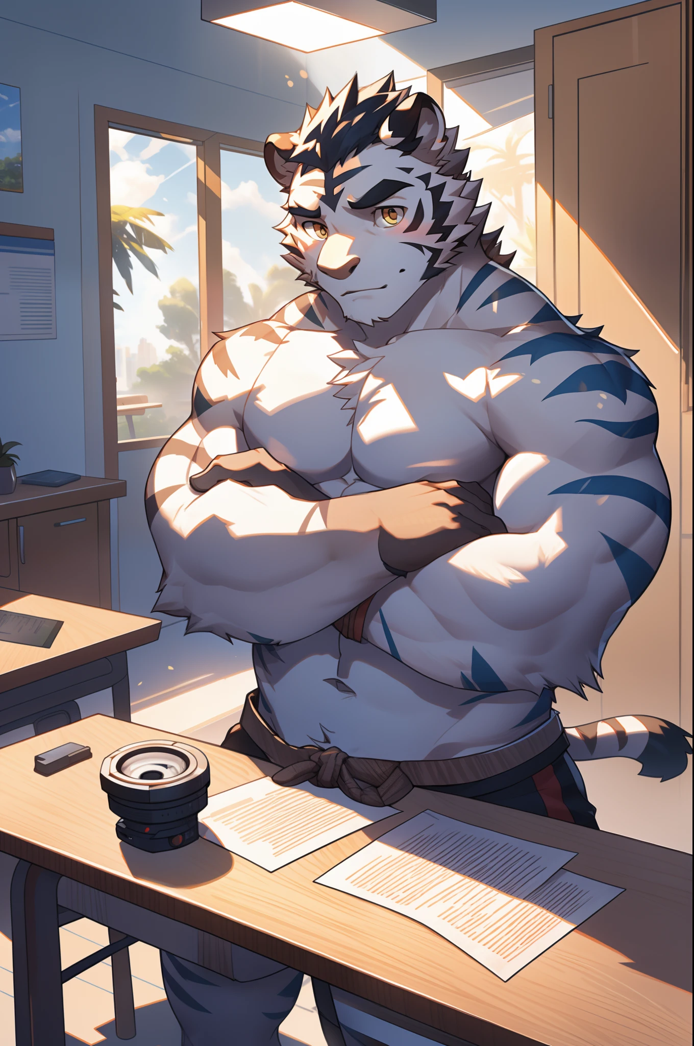 White Tiger Orc, Tall,Shirtless, athletic strong, sports student, sunny handsome, Camera on white round table, Simple background, White wall, Dappled light, Natural light, Interior rendering, West Jimmy, Clear detail, Realism, rendering, Nikon, C4D, 3DMAX, Redshift rendering, corona rendered, Bejas , hands crossed, Shy, estrus