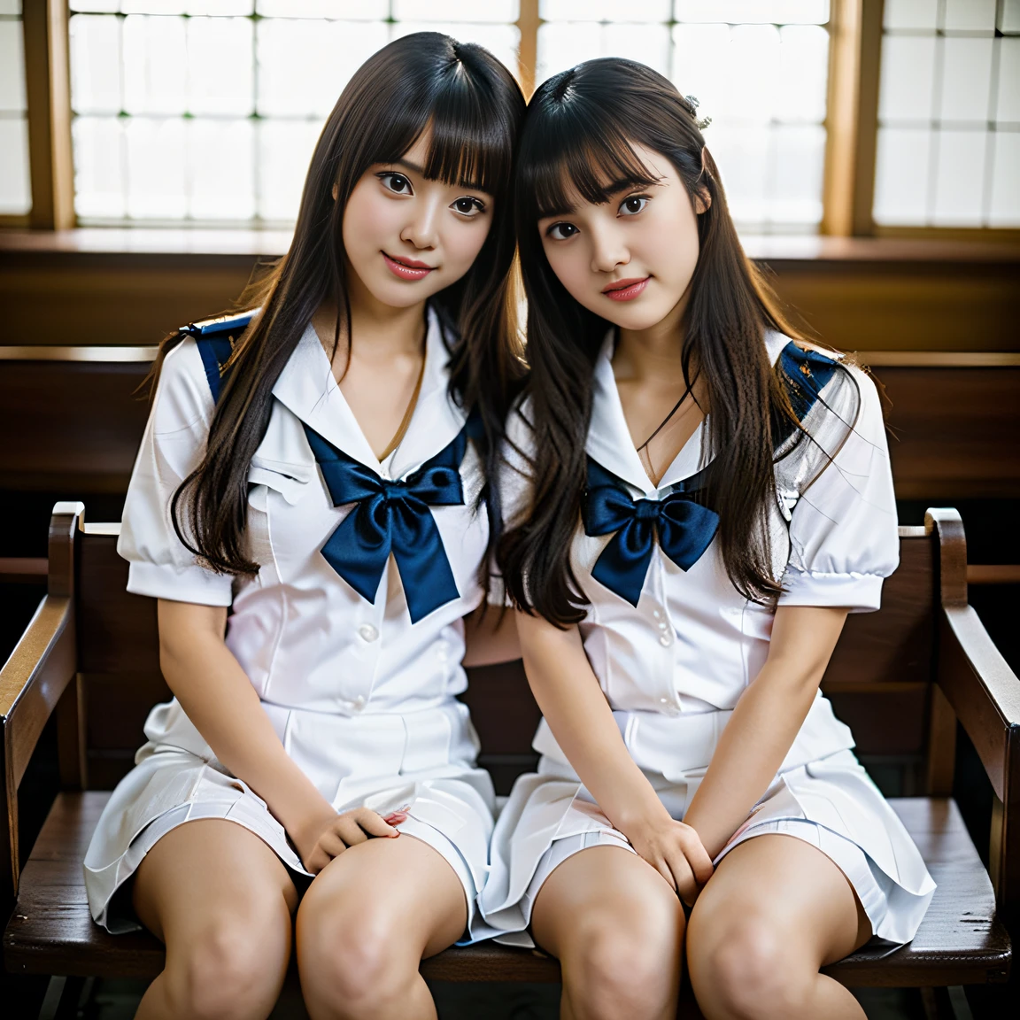 ((Two schoolgirls:1.5))、Beautiful 18 year old Japan woman, ((Two high school girls in short-sleeved white sailor suits: 1.5)), (Japan strict girls' school sailor uniform:1.5), ( Two schoolgirls sitting in a church pews:1.2), ((Beautiful and elaborate stained glass on the background: 1.5)), ((1screen)), 8K, RAW shot, top quality photo, ​masterpiece, Amazing realism photos, ((Anatomically correct proportions: 1.5)), ((perfectly proportions)), Cute woman like an idol in Japan, Detailed face, Detailed eyes, Narrow Nose, Detailed hands and fingers , detailed arms, Detailed skin, Detailed legs, short torso, Slender body, (shiny long hair: 1.5), ((Big breasts that seem to break through the uniform: 1.5)), (Body-fitting sailor suit:1.5)、(High school girls staring at each other:1.5)、(Schoolgirl with long and short hair:1.5)、((Hugging and kissing:1.2))