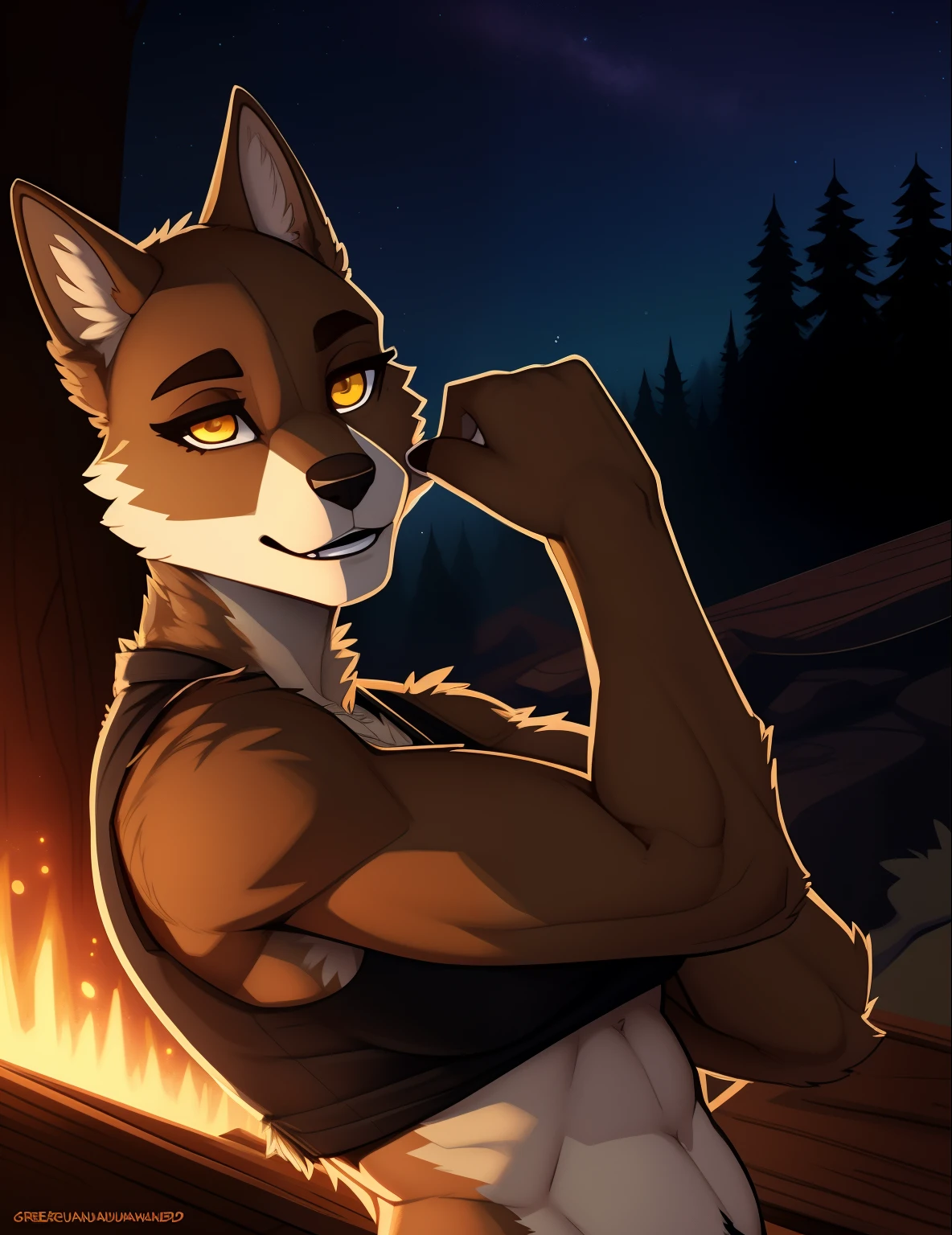 Broad_muscular_timberwolf slight_belly female brown_furry_body yellow_eyes thick_fur very_fluffy ripped_crop_top ripped_jean_shorts forest starry_sky dark_lighting solo Masterpiece best_quality absurdres highly_detailed cleanly_drawn_eyes anthro_only by_claweddrip, by_greasymojo, by_underscore-b, by_runawaystride