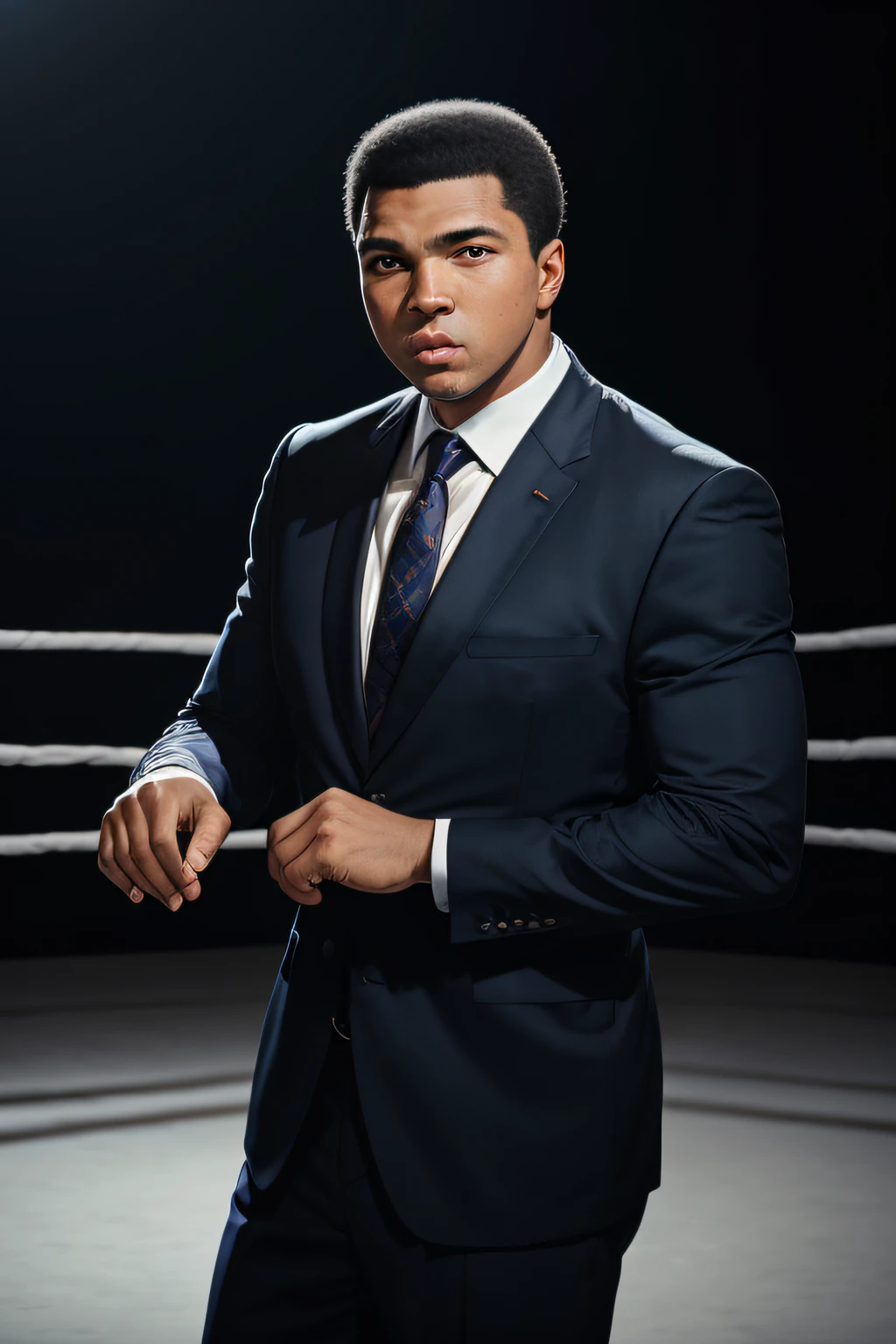 1homme, seulement, Portrait of Muhammadali Man Wearing a Suit and Tie, serious, sur un ring de boxe, specifics, Realstic, photographie, blured background, Mise au point souple