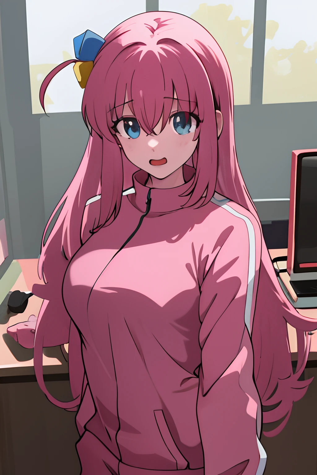 masterpiece, best quality, highres, gotou1, gotou hitori, solo, bangs, hair between eyes, ((portrait)), pink tracksuit, detiled eyes, big boobs, classroom