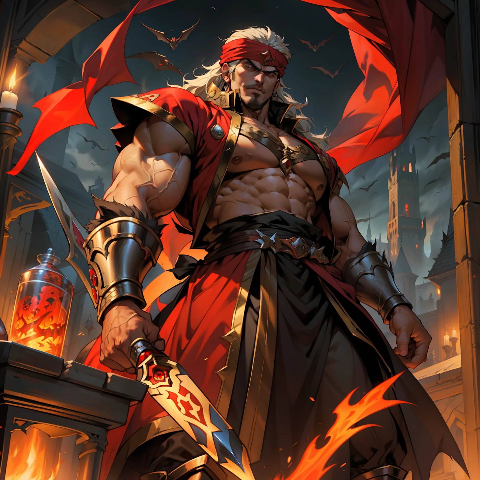 Castlevania Hyper Realistic Shadow Lord Super Detailed Dynamic Shooting Lord Dracula's Centerpiece Medieval Arab Warrior with Red Turban Scary Face Hokuto No Ken Structure Muscular Face Kenshiro