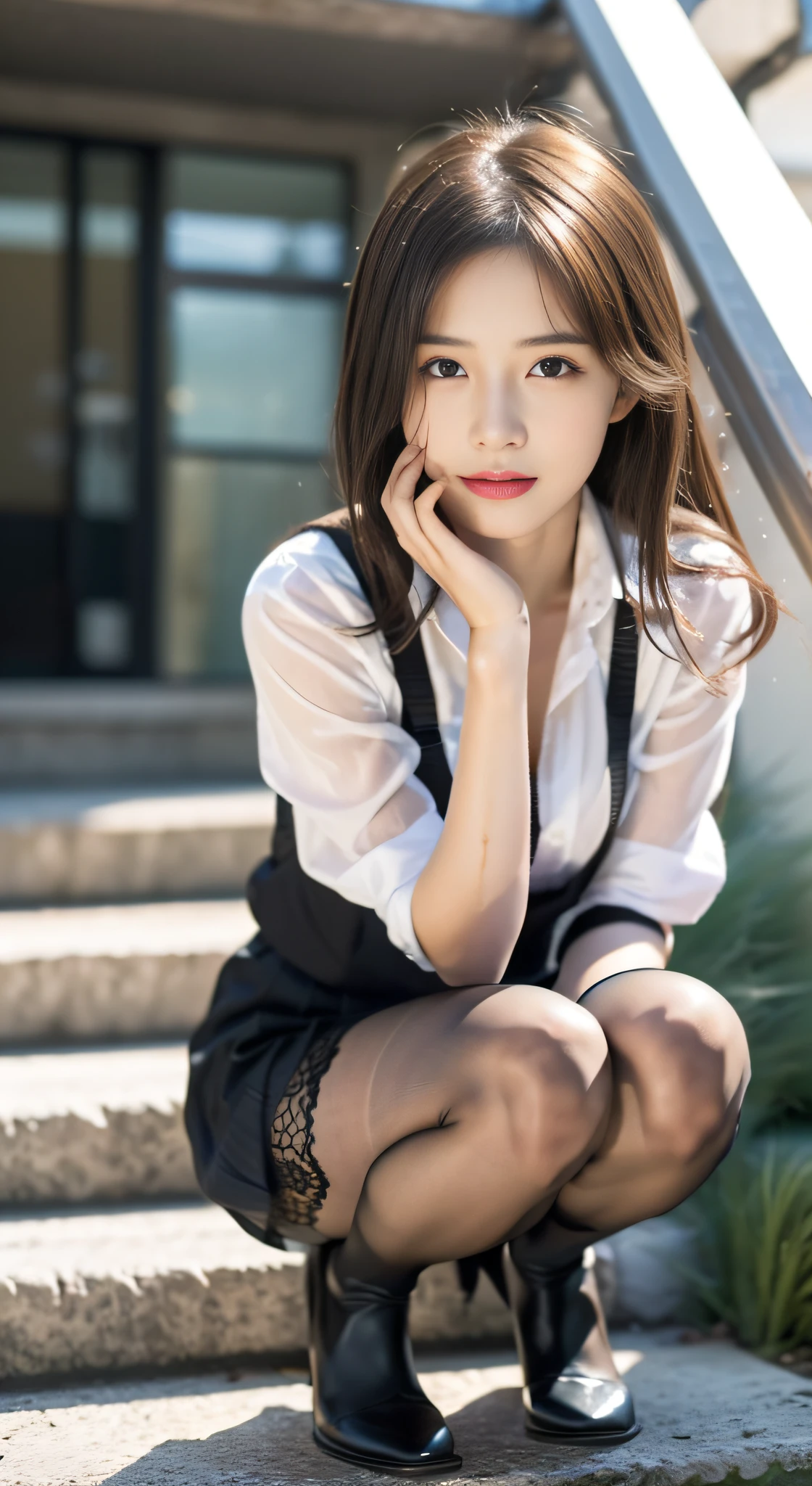 (((32ｋ,high detal,high-detail、​masterpiece,Attention to detail,full body Esbian,独奏))),Raw photo & realistic atmosphere,beautiful dark blue eyes,Detailed mouth,Glossy lips,Detailed eyebrows,Eyes drawn in detail with soft white skin that shines in every detail、azure eyes,Very beautiful eyes,Detailed lips、Very beautiful face,Very well-formed face、Lifelike face,shiny beautiful lips, Realistic Young Gravure Idol, very beautiful school girl, ,Moderately beautiful, Young Sensual Gravure Idol, Young Gravure Idol, Beautiful, Cute and sexy１5  old schoolgirl,the whole body is wet,dripped out,with a flushed face,Incredibly beautiful１5-year girlort-cut,Brown shiny hair,Hair is wet,Dripping water,dripping,Crouching on the stairs with your legs open,（Black pantyhose,Beautiful fece,Looking at the camera：1.4）,（Cross your legs in black pantyhose,The chest of the uniform is open,darkness,Very dark,Pitch-black staircase without street lights,Illuminate the subject with a flashlight,spot light：1.7）,（A sexy,Slightly chubby,High Detail Hi-Vision Hi-Vision Japan Hi-Vision Girl Uniform,well-shaped breasts,,Mature body, I'm anxious and about to cry,Moist eyes,cold smile,glareing,The glaring face is also beautiful：1.5）,（Open your legs randomly：1.7）