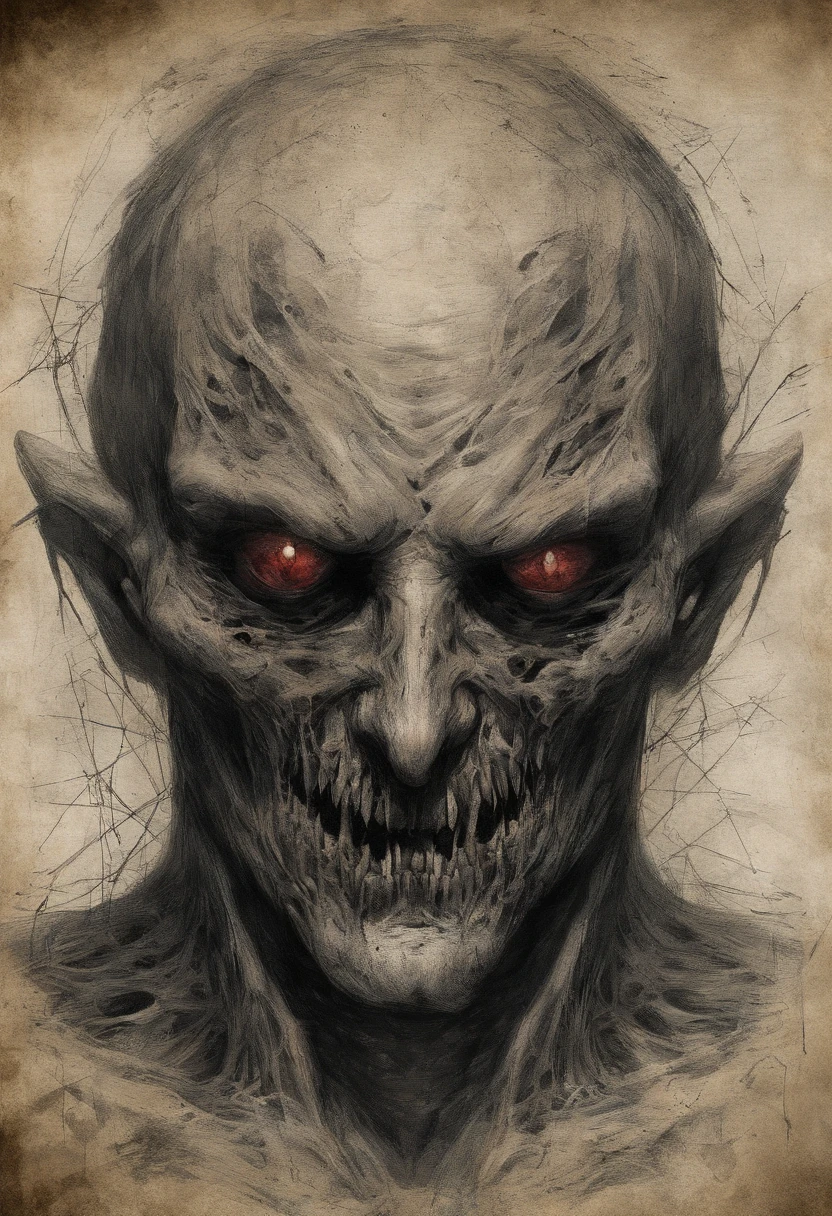 Uma criatura assustadora, His body is extremely thin, com os ossos marcando em sua pele completamente negra, Riddled with white scratches and scuffs, He has only two tufts of gray hair on each side of his head, exceto acima, Her eyes are deep with only two green dots, His bloodthirsty smile glows with his white teeth stained with dried blood. A horrible figure drawn in several scribbles on an old sheet of paper. ((corpo inteiro)), ((corpo inteiro)), ((demoniaca)), ((assustador)), ((rabiscos)), ((rabiscos horripilantes)), ((dreadful)), ((satanic)), ((rosto de idoso)), ((rosto de velho)), ((Old Satanic)).