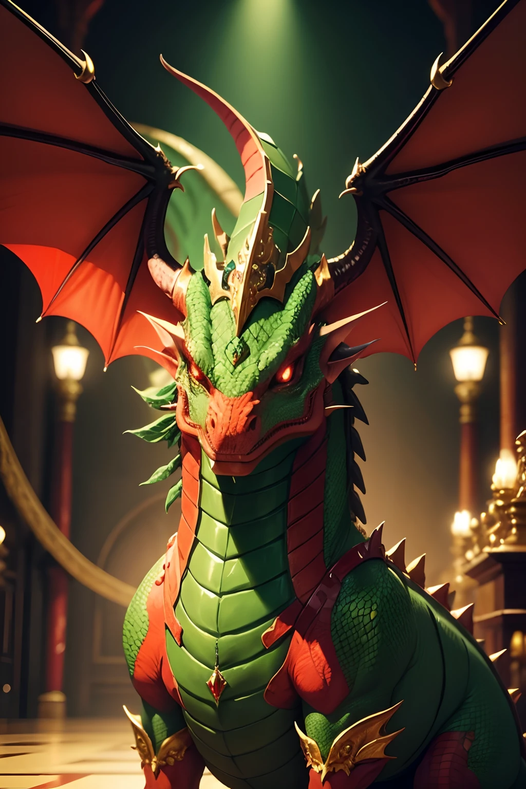 red dragon, Dragon with green accents, adorned with jewels in a vast hall full of treasures