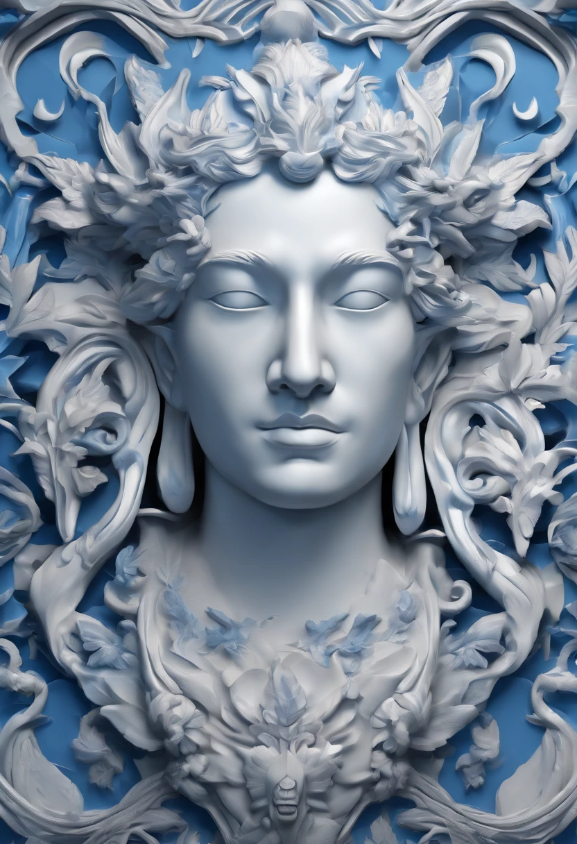 Blue and white porcelain,ceramics,Twelve beast heads, anaglyph,artwork of a,Ornaments, high detail,3D, Chiaroscuro, Cinematic lighting, god light, Cinematic lighting, hyper HD, High details, Best quality, A high resolution, Textured skin