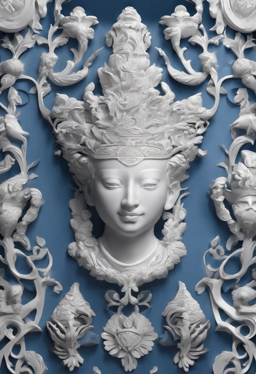 Blue and white porcelain,ceramics,Twelve beast heads, anaglyph,artwork of a,Ornaments, high detail,3D, Chiaroscuro, Cinematic lighting, god light, Cinematic lighting, hyper HD, High details, Best quality, A high resolution, Textured skin