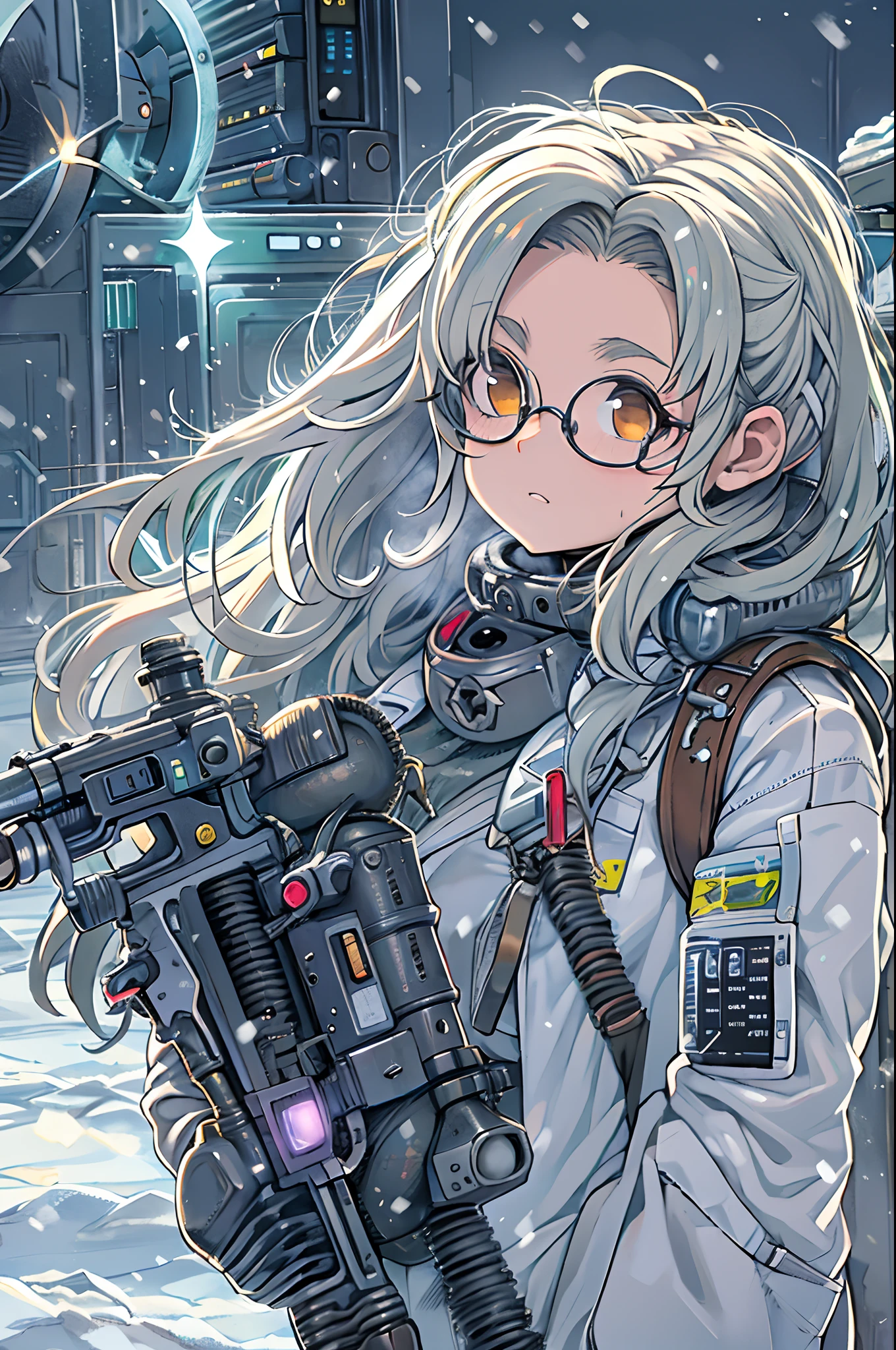 Science fiction,a science fiction film,cannons,Long-range missiles,Based on the Film Foundation ,Woman,,28 years old,Zito-order,Brown eyes,Long hairstyle,Unkempt hair、White-gray on black hair,Scientist uniform,White researcher coat,Open Meadow,Rebel,Chaotic,A futuristic world,Socialist world,Snow,lab room、stoop、big round glasses、with hands in pockets