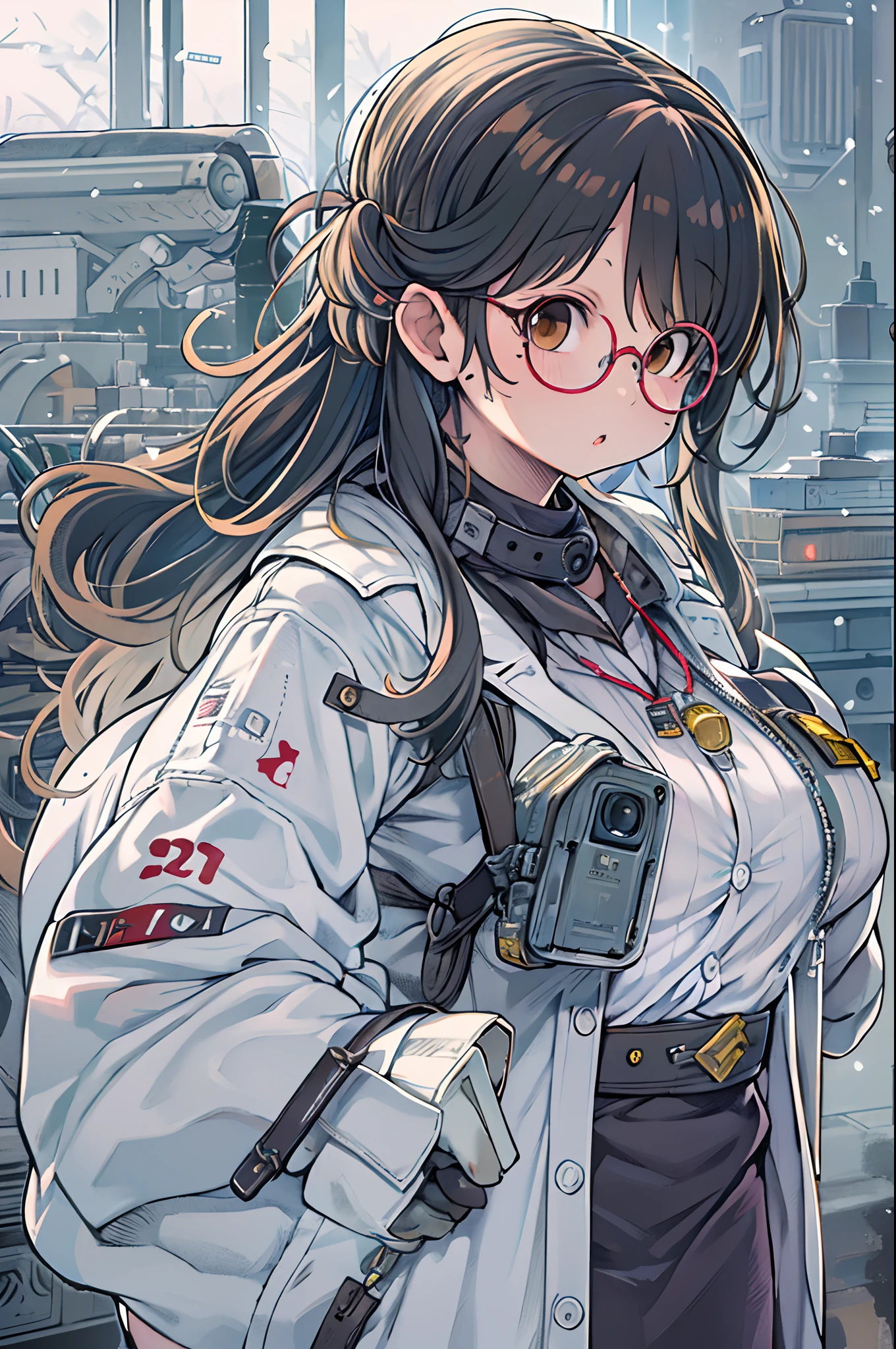Science fiction,a science fiction film,cannons,Long-range missiles,Based on the Film Foundation ,Woman,,28 years old,Zito-order,Brown eyes,Long hairstyle,Unkempt hair、White-gray on black hair,Scientist uniform,White researcher coat,Open Meadow,Rebel,Chaotic,A futuristic world,Socialist world,Snow,lab room、stoop、big round glasses、with hands in pockets