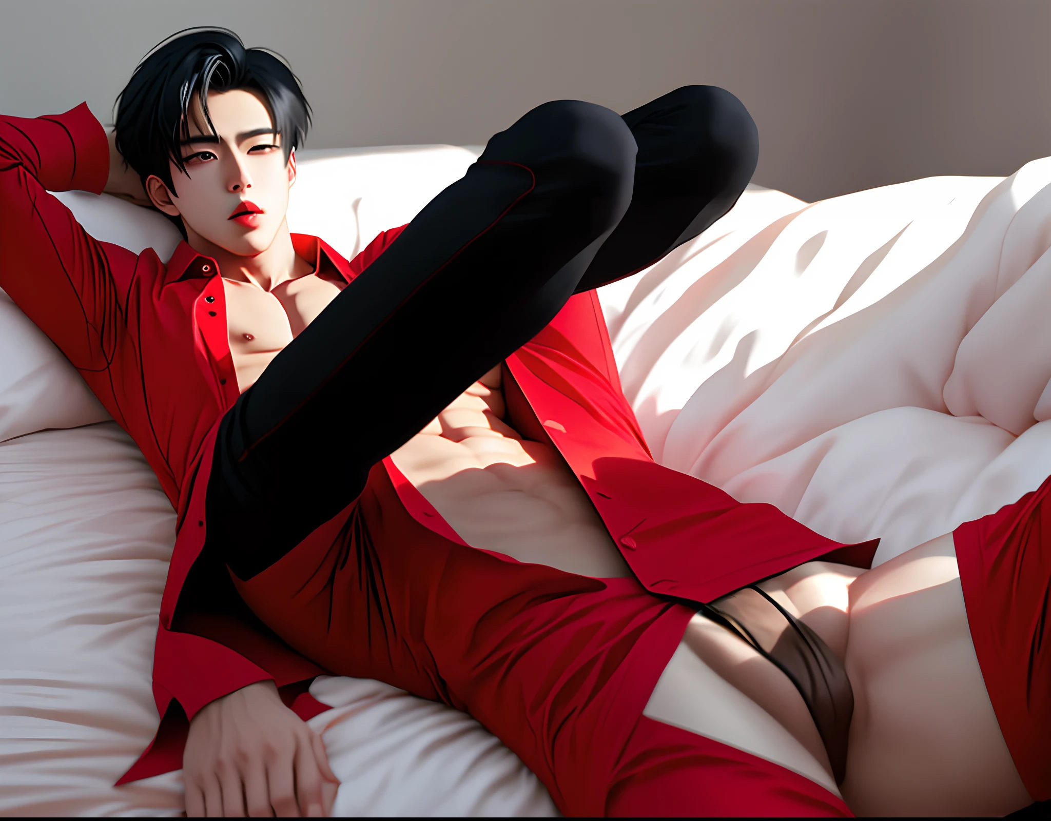 Anime man handsome, wearing red clothes, black pants, legs spread, lying on the bed, sticking out his tongue and erect