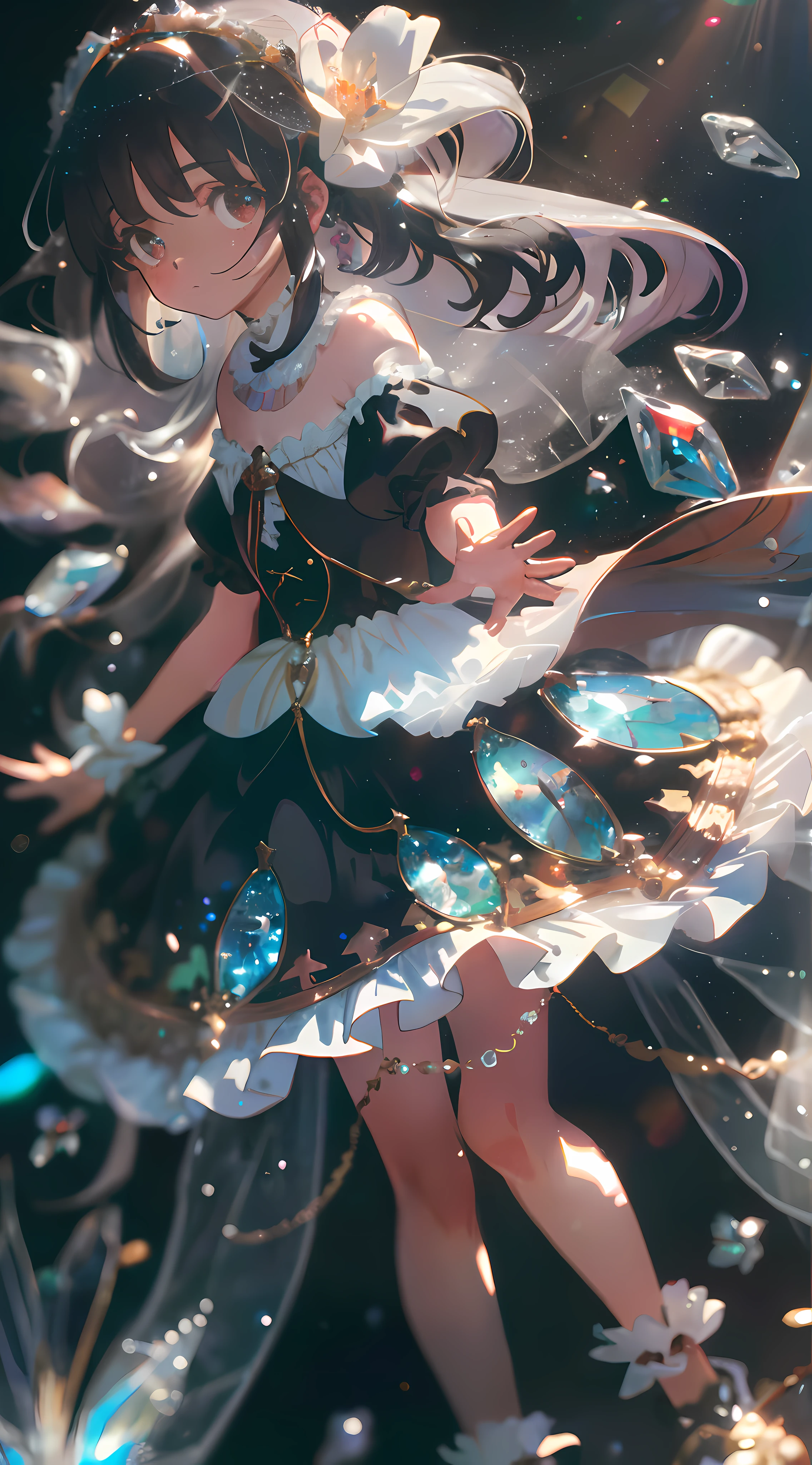 1girl, Detalle extremo, Lolita, Moda Lolita, Volantes, intrincado y hermoso, Guantes, Afternoon tea, Ponette tiene, cabello rizado, Botones, nata, De color, Tinte degradado, Caramelo, cristal brillante, brillante, light particles, dynamic  pose, dramatic composition, Accesorios para el cabello de caramelo, faldas coloridas, perlas, flores, bordado, con incrustaciones de gemas, pecho plano, Falda de gasa con diamantes rotos, volador, jumping, velo, Blusa transparente, Guantes de encaje, Delicado retrato del rostro, cuerpo completo, cuerpo completo, Opal-like eyes