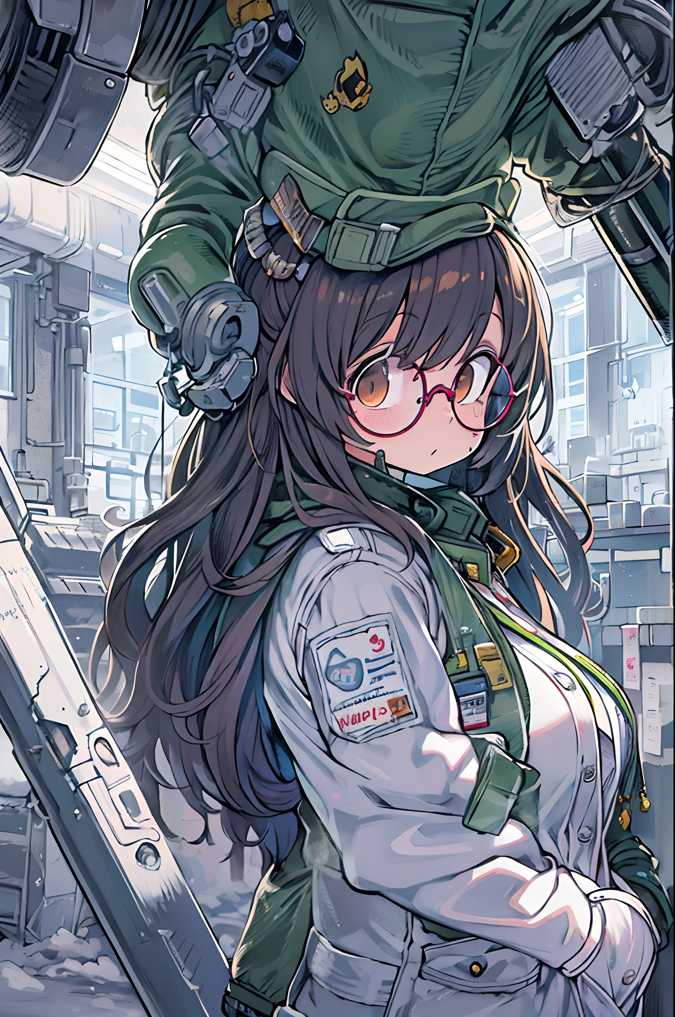 Science fiction,a science fiction film,cannons,Long-range missiles,Based on the Film Foundation ,Woman,,28 years old,Zito-order,Brown eyes,Long hairstyle,Unkempt hair、White-gray on black hair,Scientist uniform,White researcher coat,Open Meadow,Rebel,Chaotic,A futuristic world,Socialist world,Snow,lab room、stoop、big round glasses、with hands in pockets