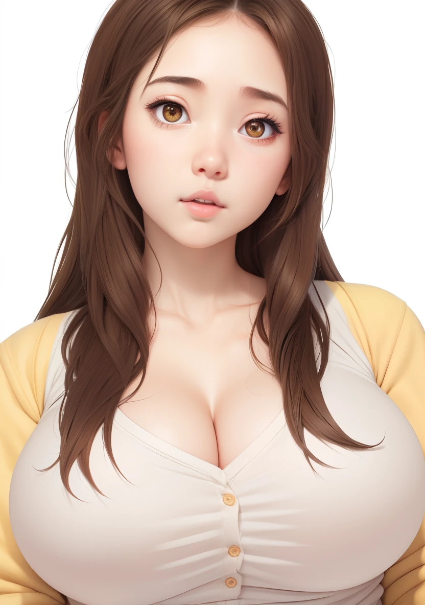 (best quality), big head, (1girl with gigantic breasts:1.3) Cardigan , Fat girl , Brown hair , Casual , Fresh , Ultra Hd , 8k , korean , Realistic , human eyes , small eye