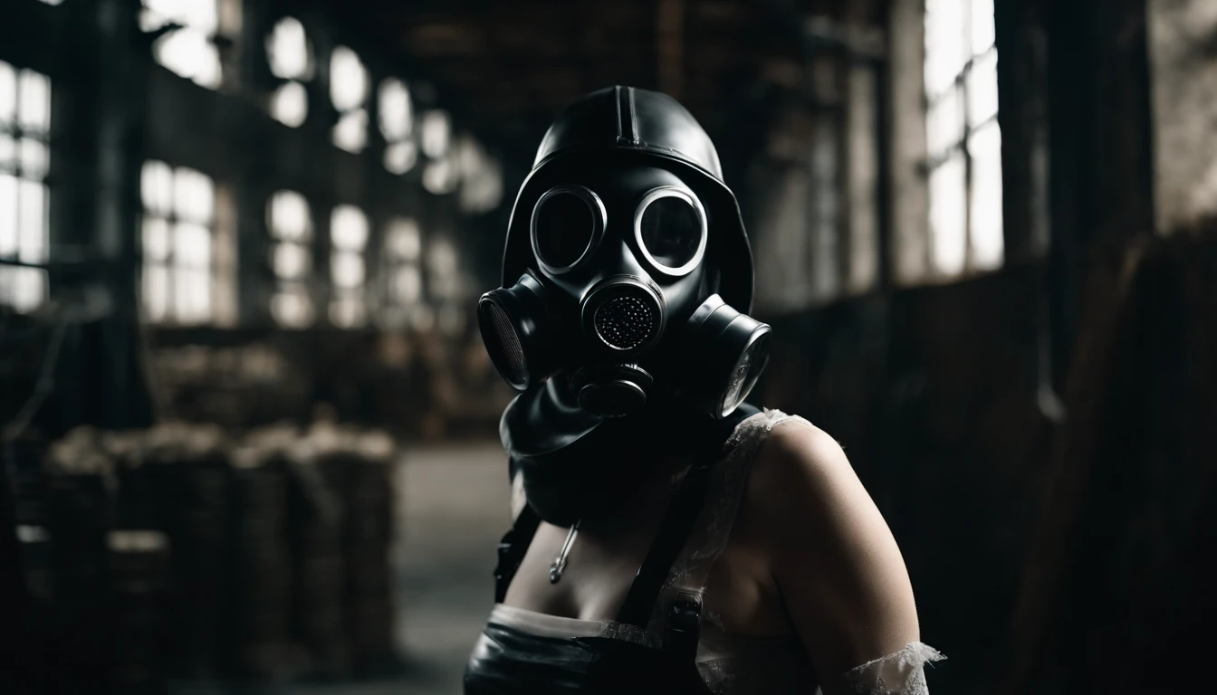 Upper body shot of a woman with an anti-gas mask dressed in latex, white eyes, dark techno aesthetic, industrial goth aesthetic, intern of an abandoned factory in the background, ultra detailed, photorealistic, masterpiece.