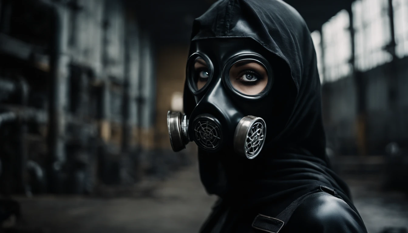 Upper body shot of a woman with an anti-gas mask dressed in latex, white eyes, dark techno aesthetic, industrial goth aesthetic, intern of an abandoned factory in the background, ultra detailed, photorealistic, masterpiece.