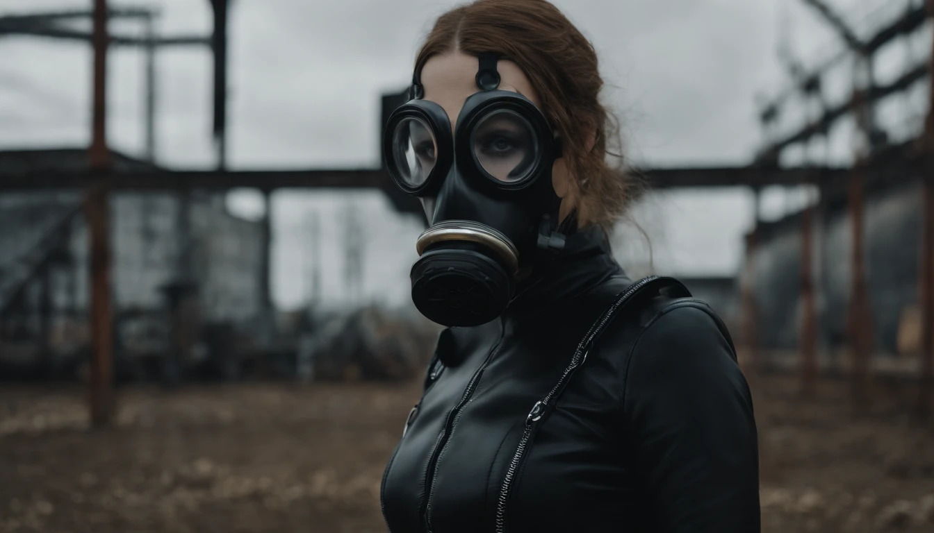 Upper body shot of a woman with an anti-gas mask dressed in latex, white eyes, dark techno aesthetic, industrial goth aesthetic, intern of an abandoned factory in the background, ultra detailed, photorealistic, masterpiece.