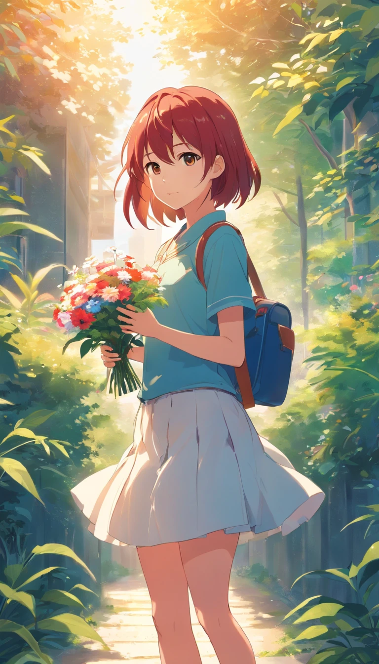 best qualtiy， tmasterpiece， 超高分辨率， realisticlying， 1 girl， With his head bowed， Holding flowers in both hands，Long red hair，Short cream white skirt，laughingly