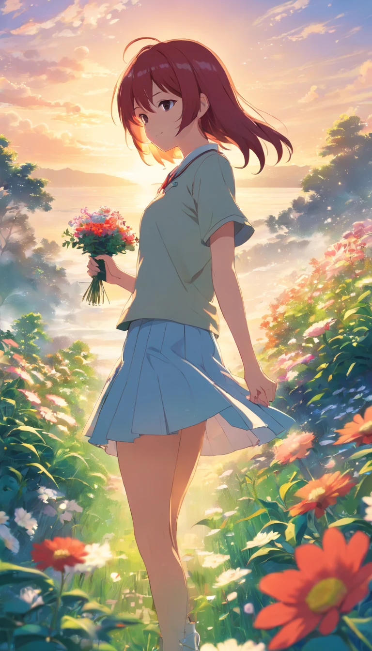 best qualtiy, tmasterpiece, 超高分辨率, realisticlying, 1 girl, With his head bowed, Holding flowers in both hands,Long red hair,Short cream white skirt,laughingly